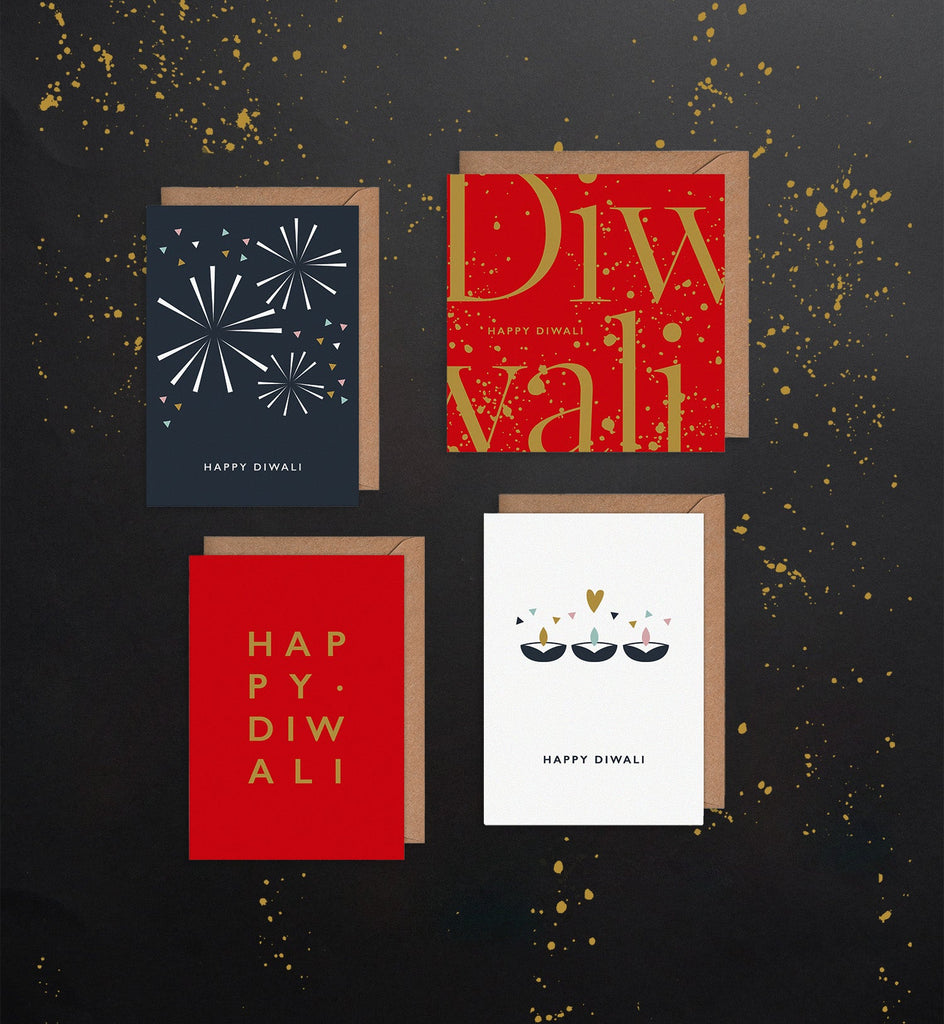 A selection of Diwali cards on a golden and black background.