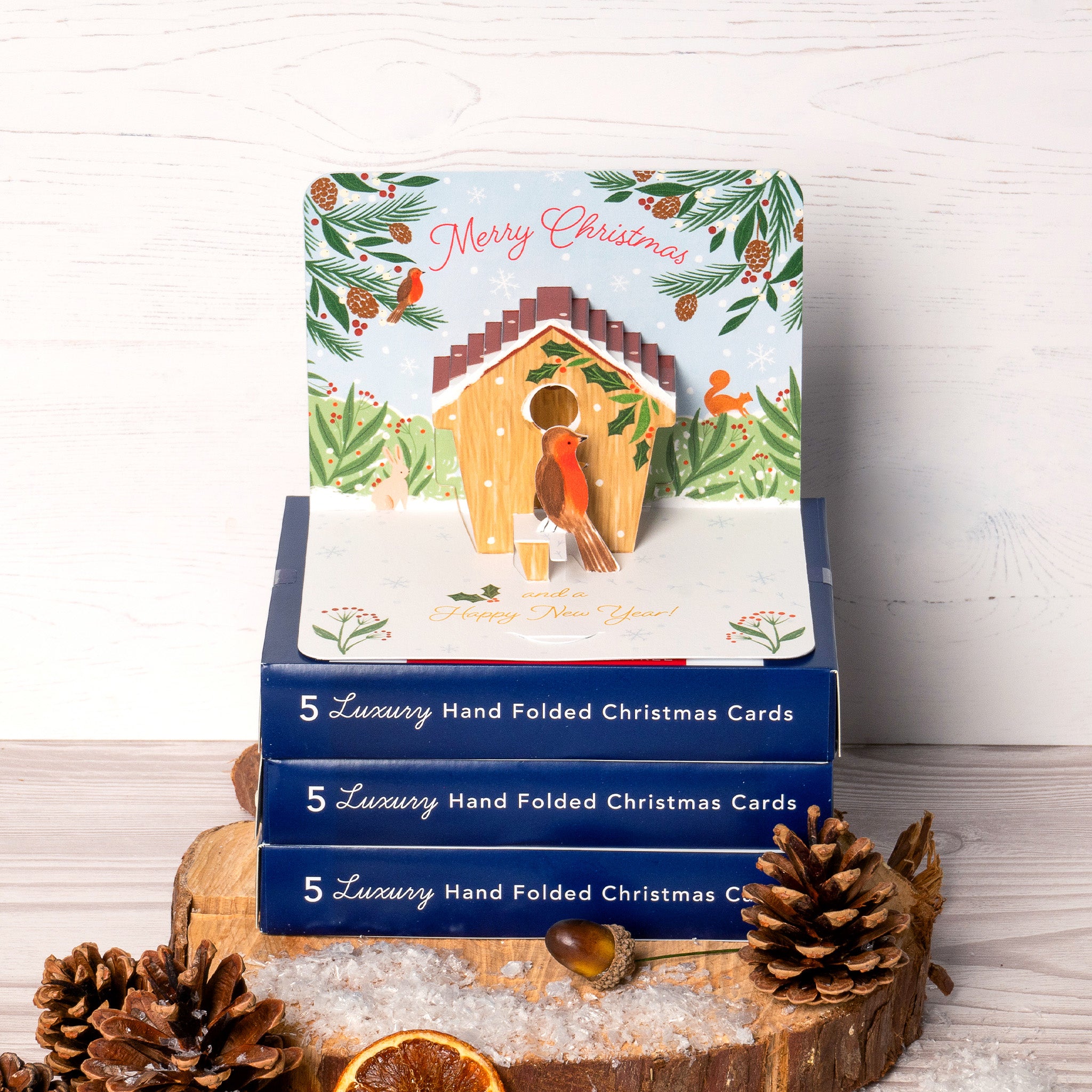 A stack of 3D Christmas card boxes sits on a wooden wedge, with a 3D Christmas card perched on top. The card features a festive robin outside a bird house.