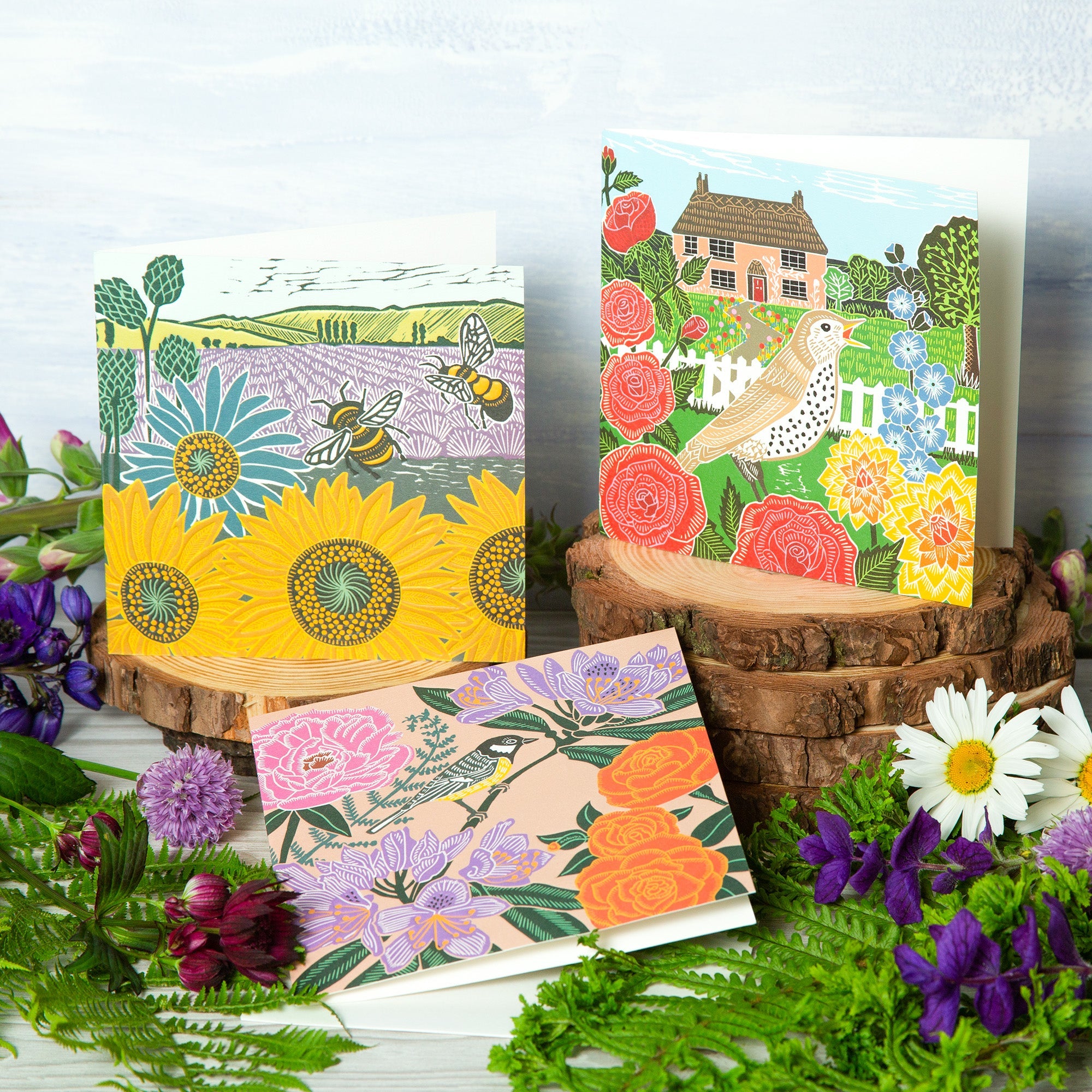 Three nature trail art cards displayed on wooden stands, surrounded by green foliage.