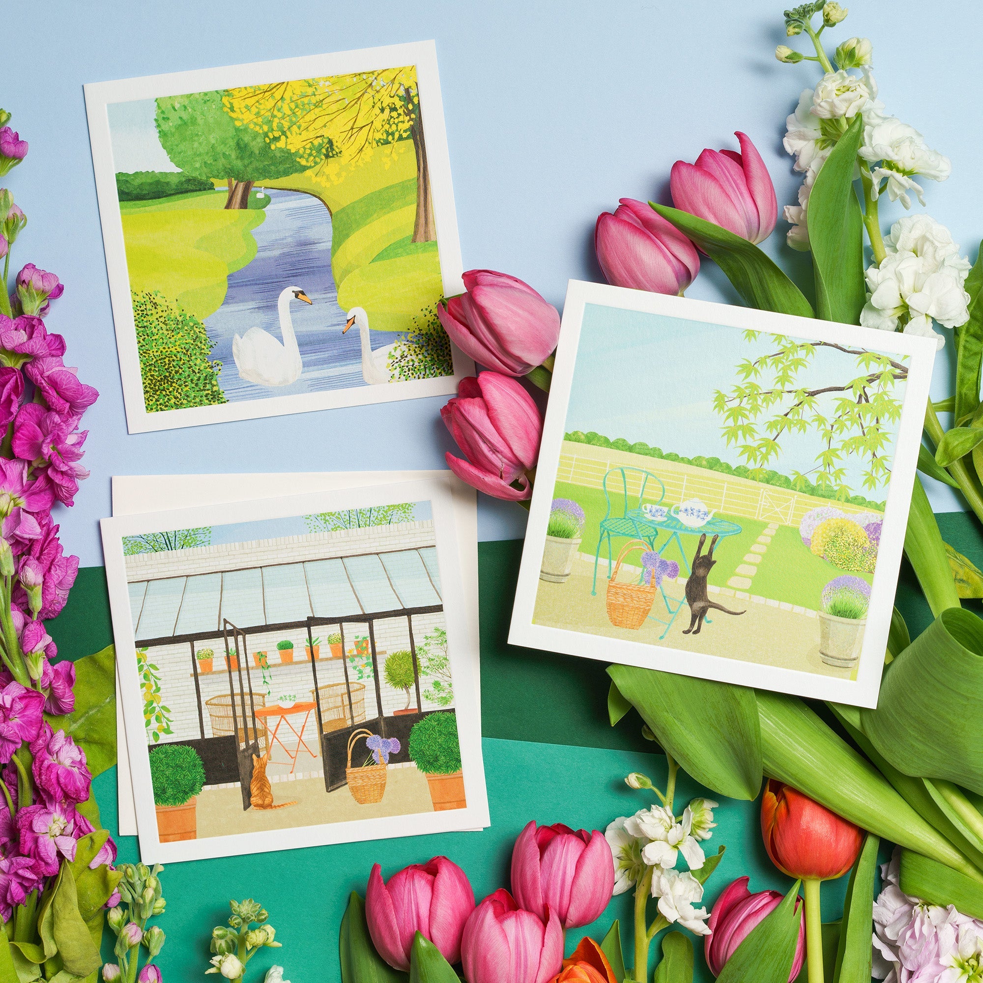 Three blank art cards displayed with some flowers.