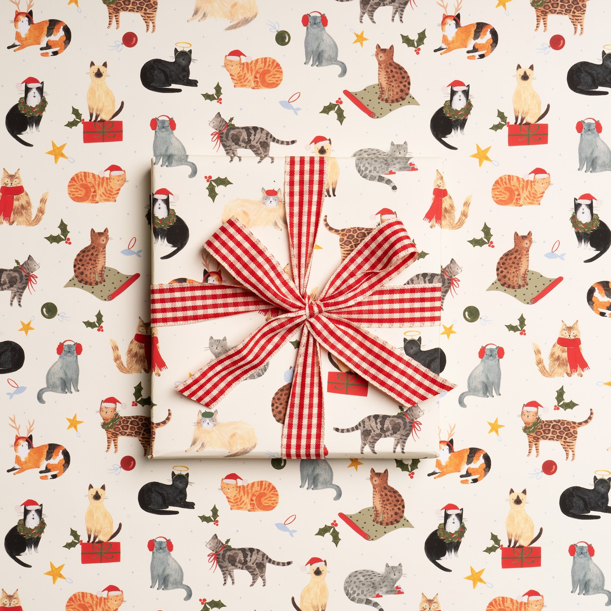 Christmas gift wrap laid out, including a wrapped present, featuring festive cats and dogs.