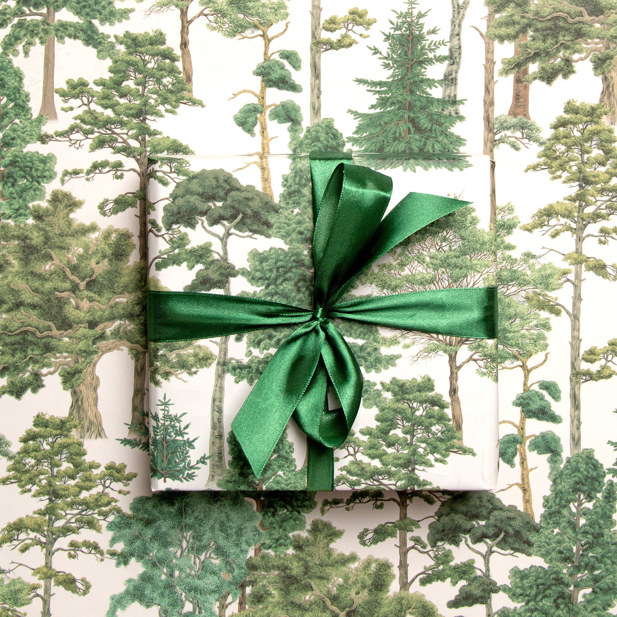 A beautifully wrapped present sat on top of flat gift wrap featuring a pattern of trees.