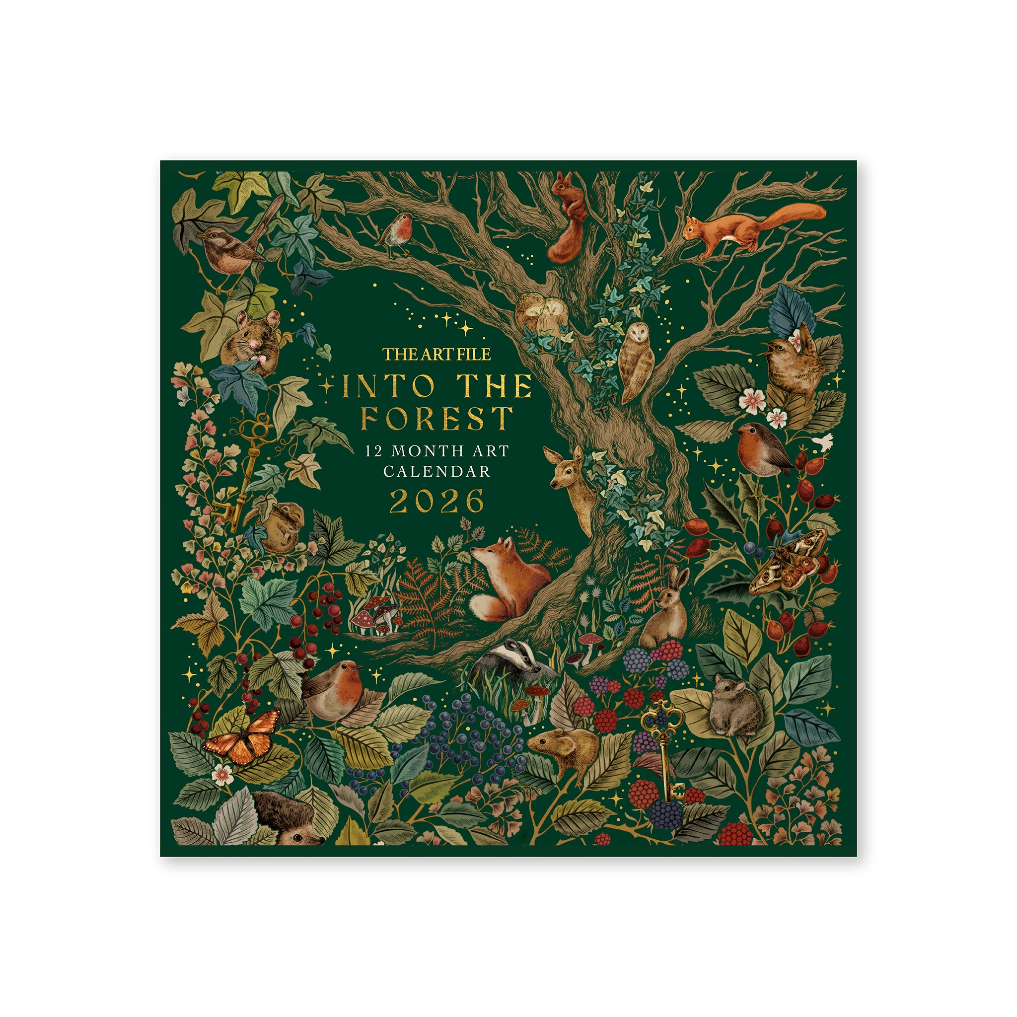 2026 art calendar titled 'Into the Forest' with nature-themed design on a green background