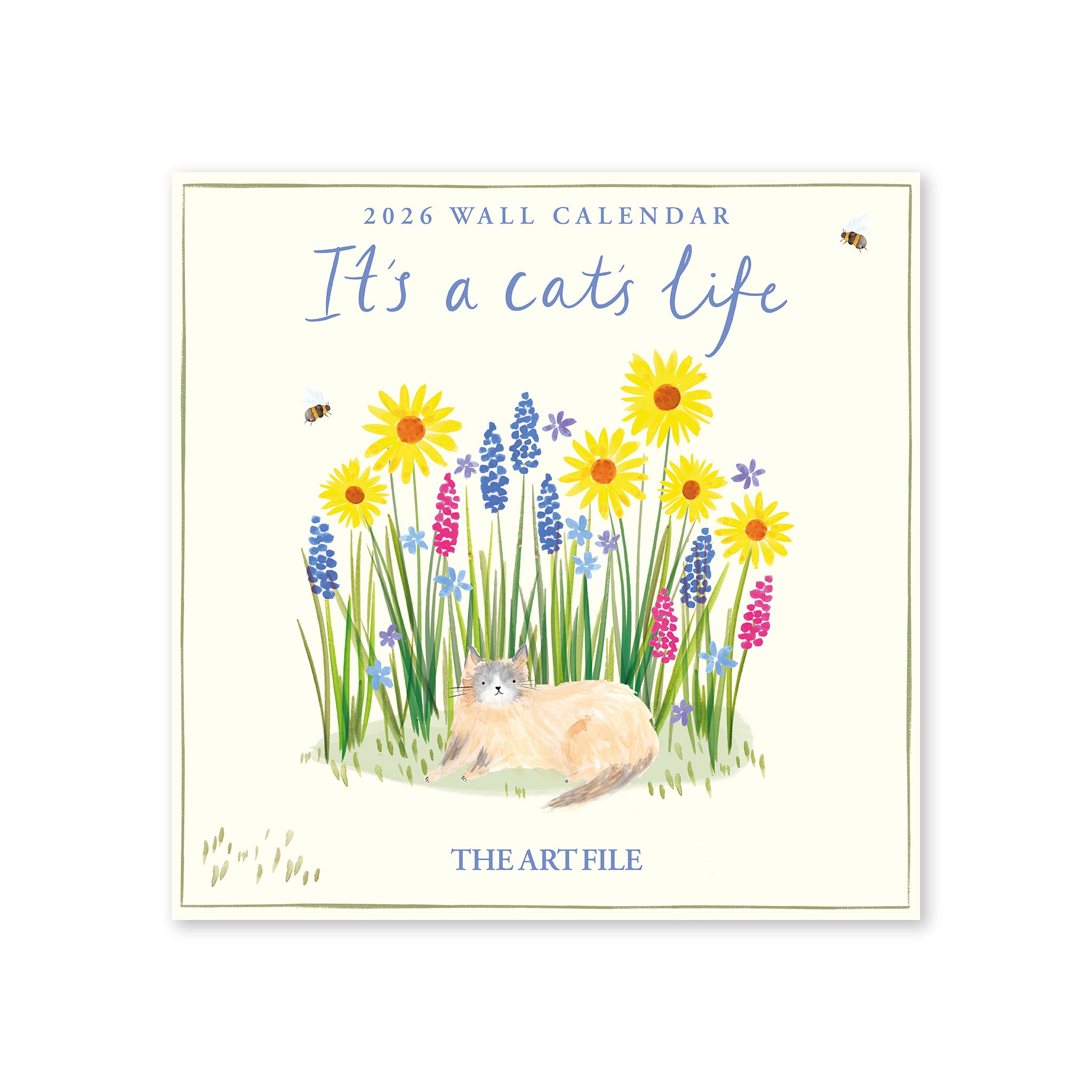 2026 wall calendar with a cat and flowers design on a white background