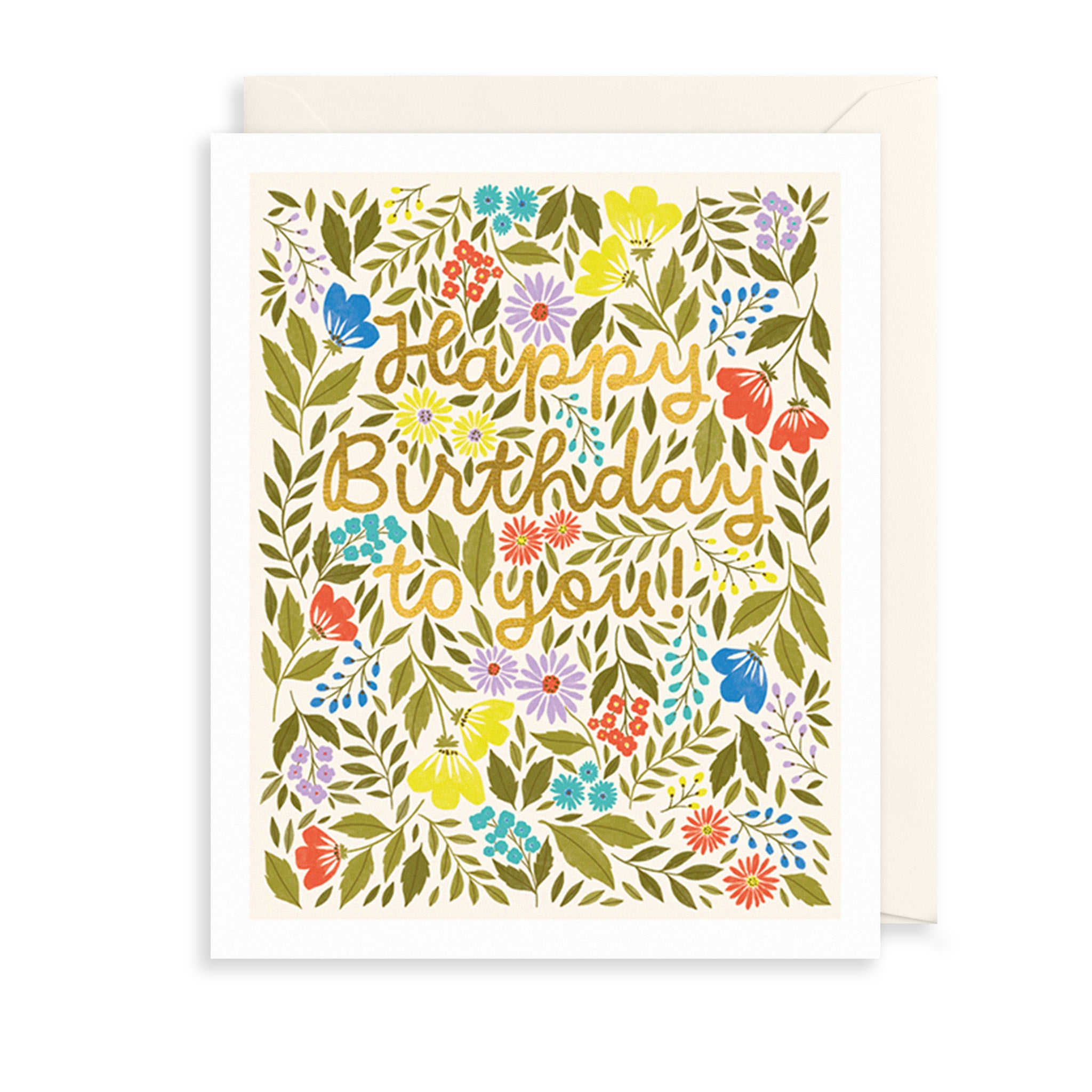 Greeting card with colorful floral design and 'Happy Birthday to you!' text.
