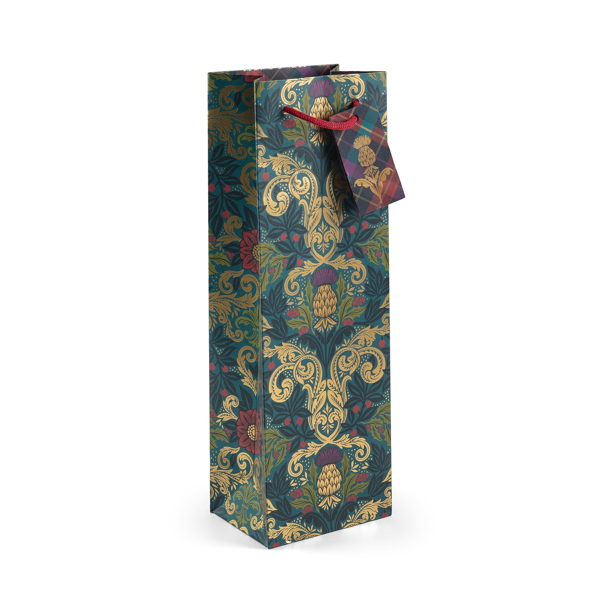 Decorative wine bottle gift bag with intricate patterns on a white background
