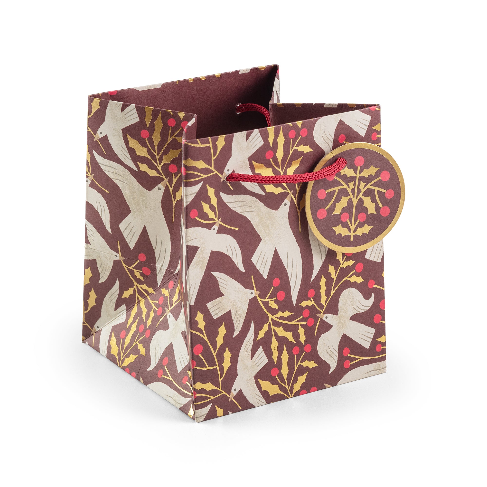 Gift bag with bird and leaf pattern on a white background