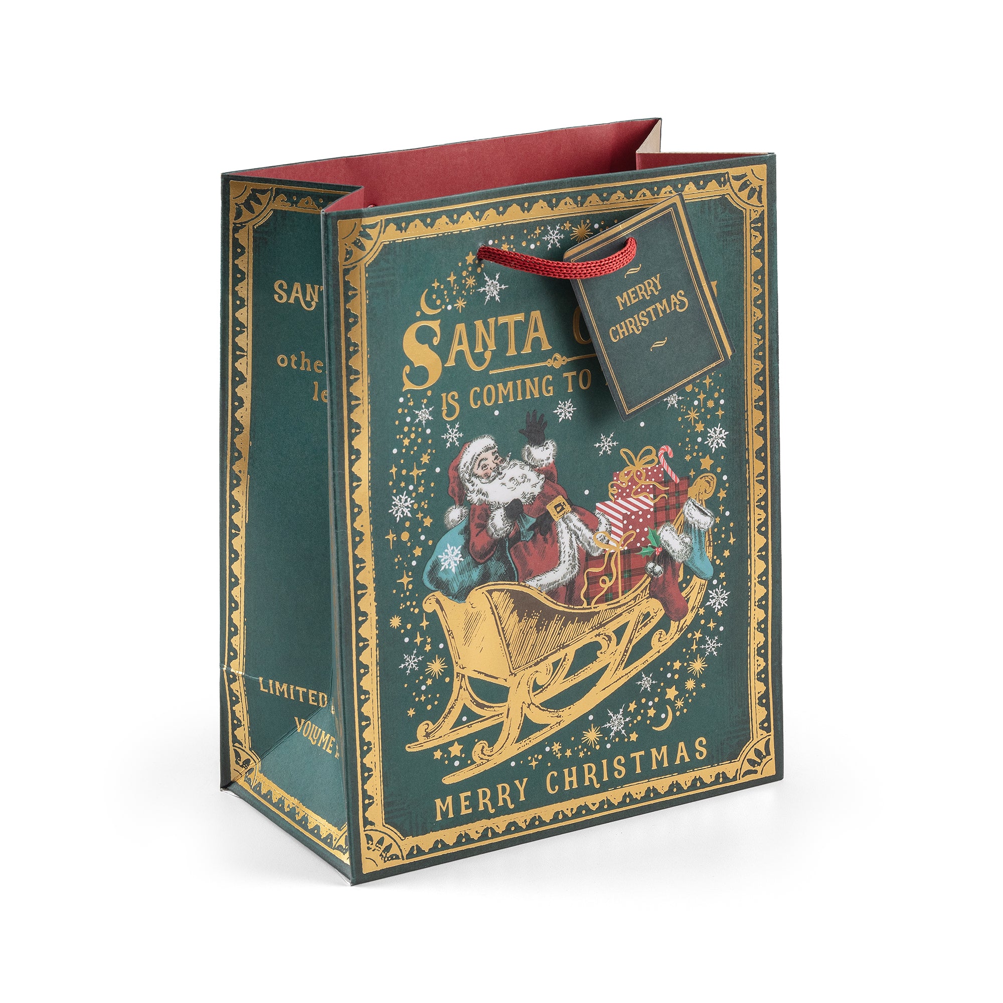 Vintage-style Christmas gift bag with Santa Claus design on a white background