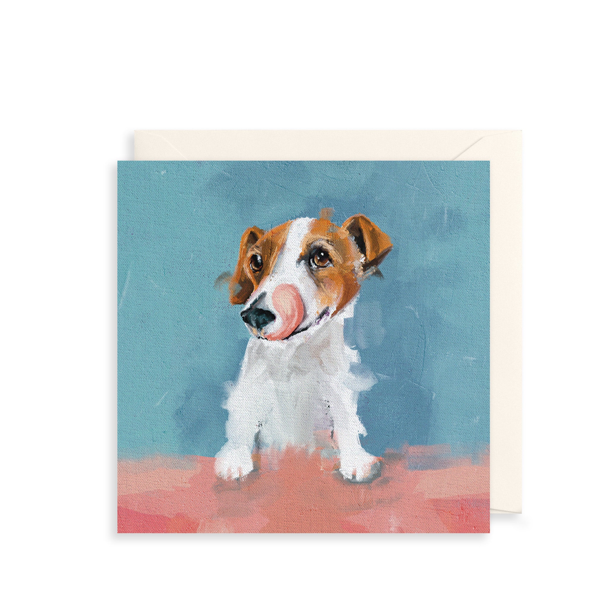 Greeting card with a painting of a dog on a blue background