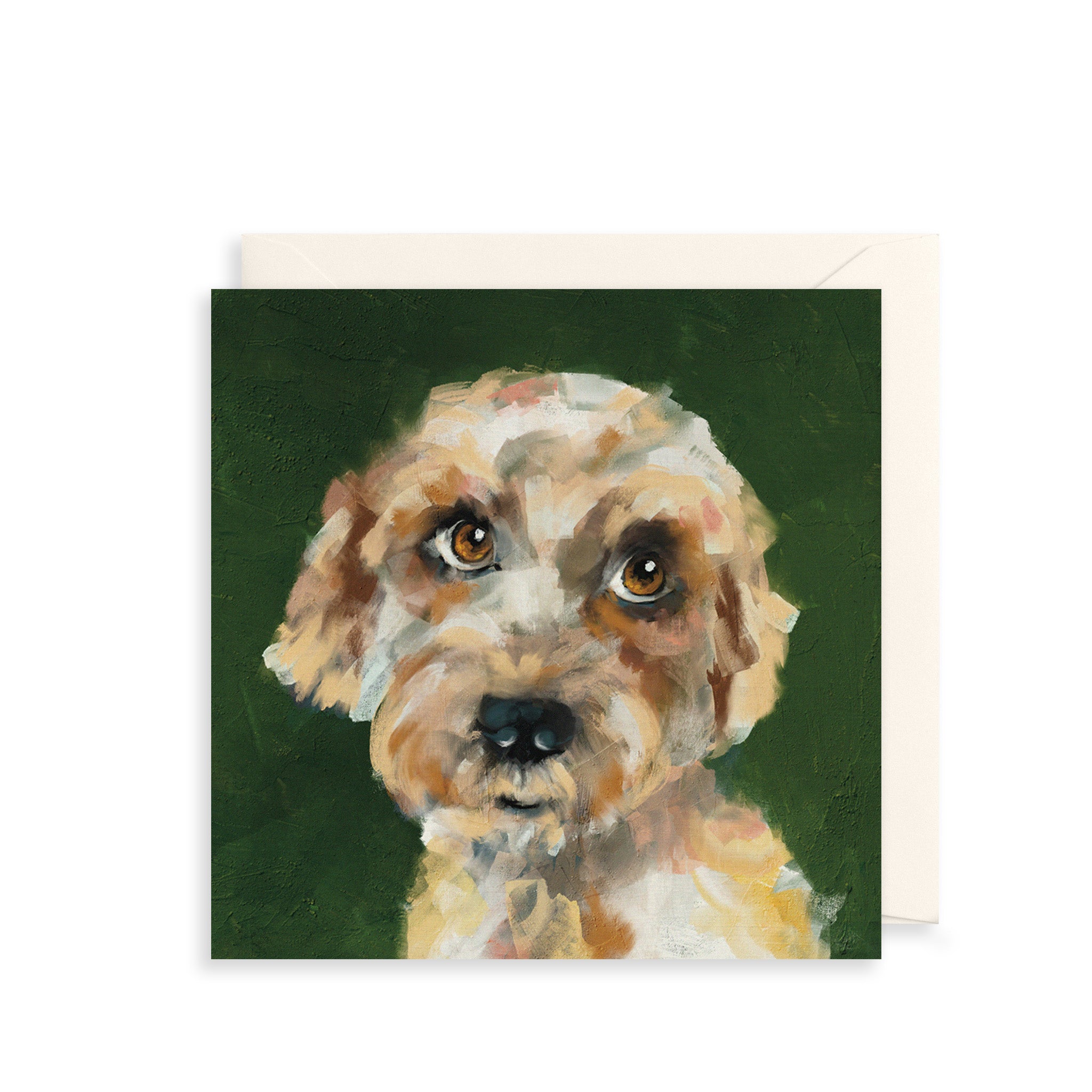 Painting of a dog's face on a green background