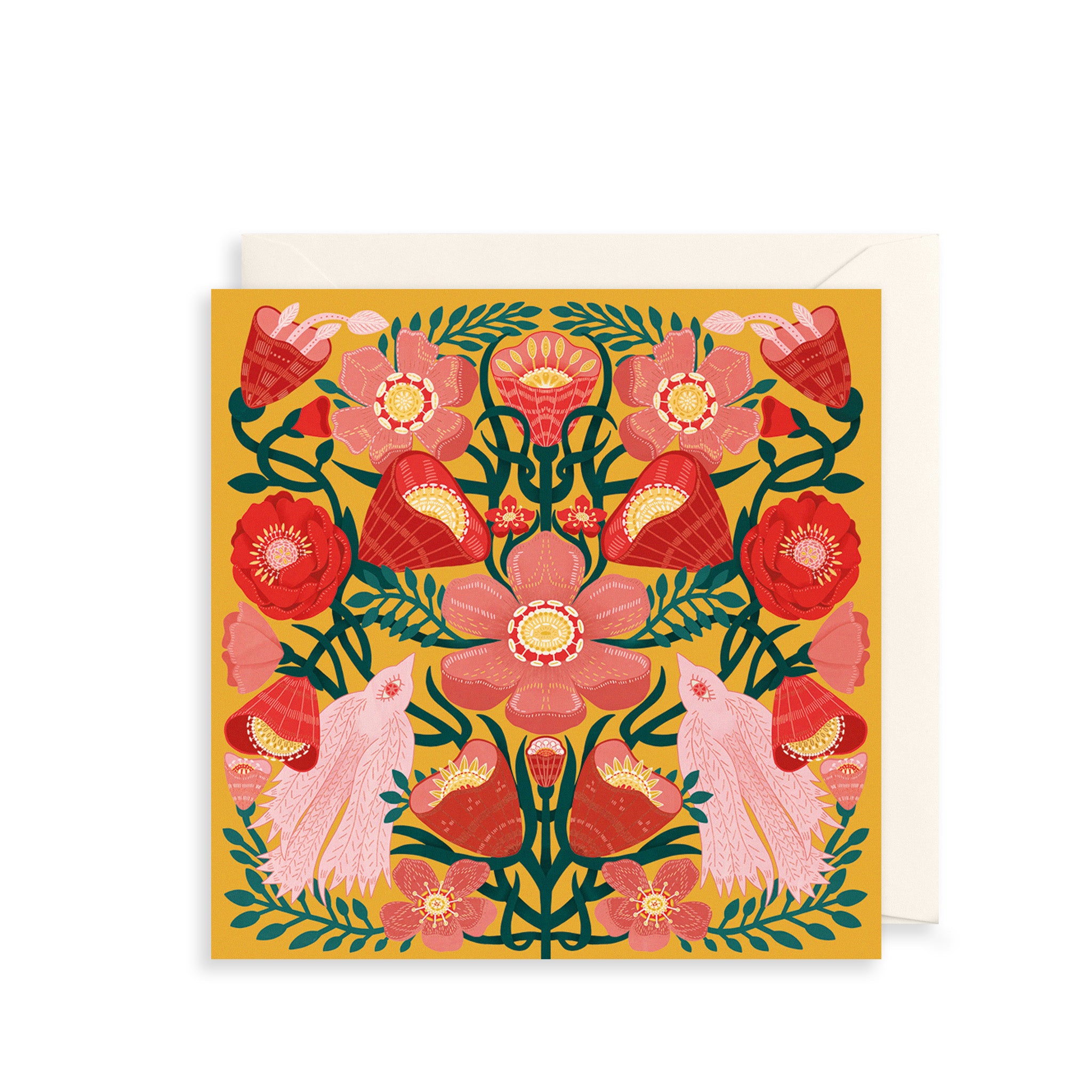 Pink Flowers & Birds Greetings Card