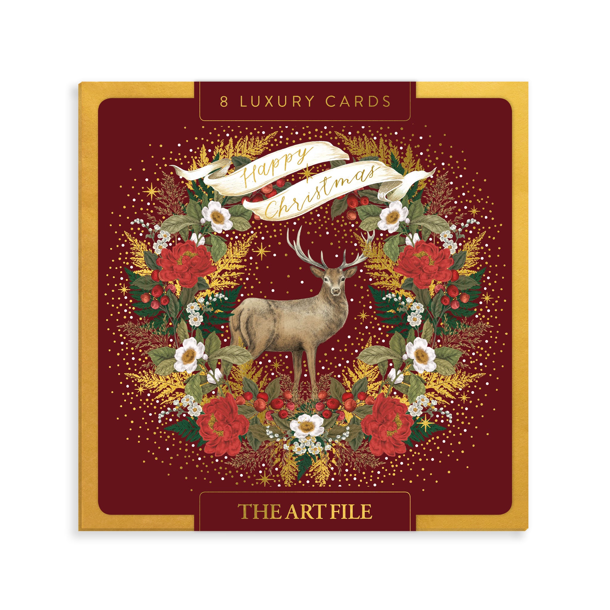 Deer & Festive Wreath, 8 Luxury Christmas Cards
