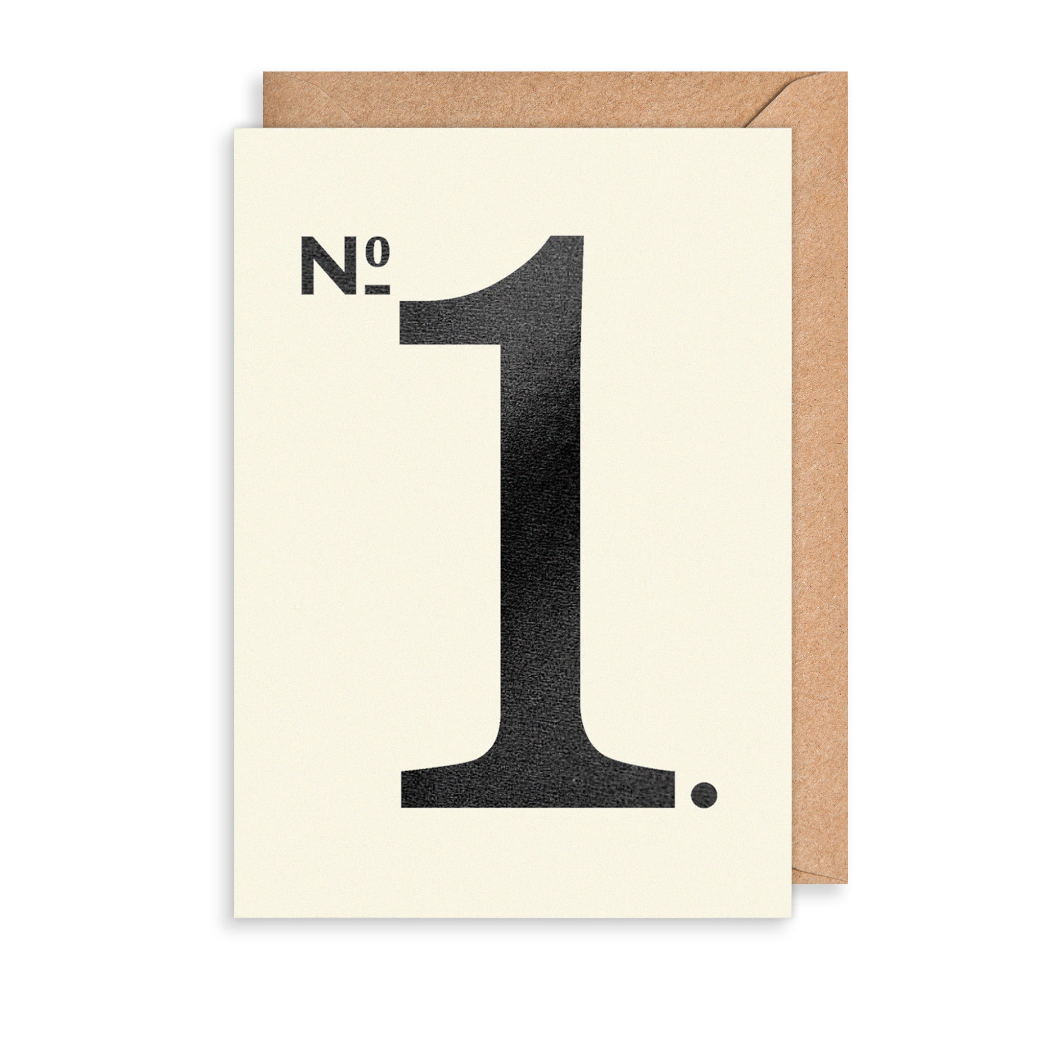 Card with large black number '1' on a white background with a brown envelope.