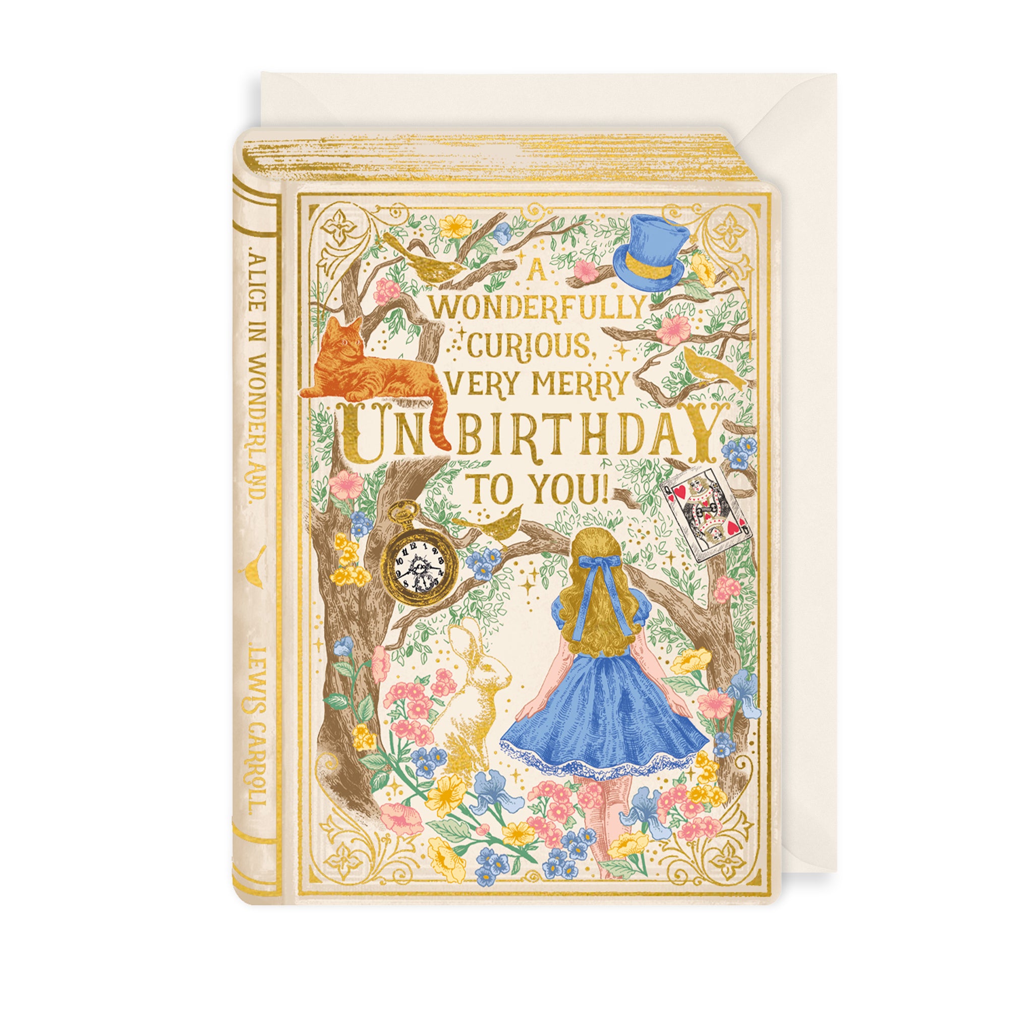 A birthday card featuring an intricate, floral and botanical illustration of Alice from Alice in Wonderland, with the text 'A wonderfully curious, very merry UNBIRTHDAY to you!'.