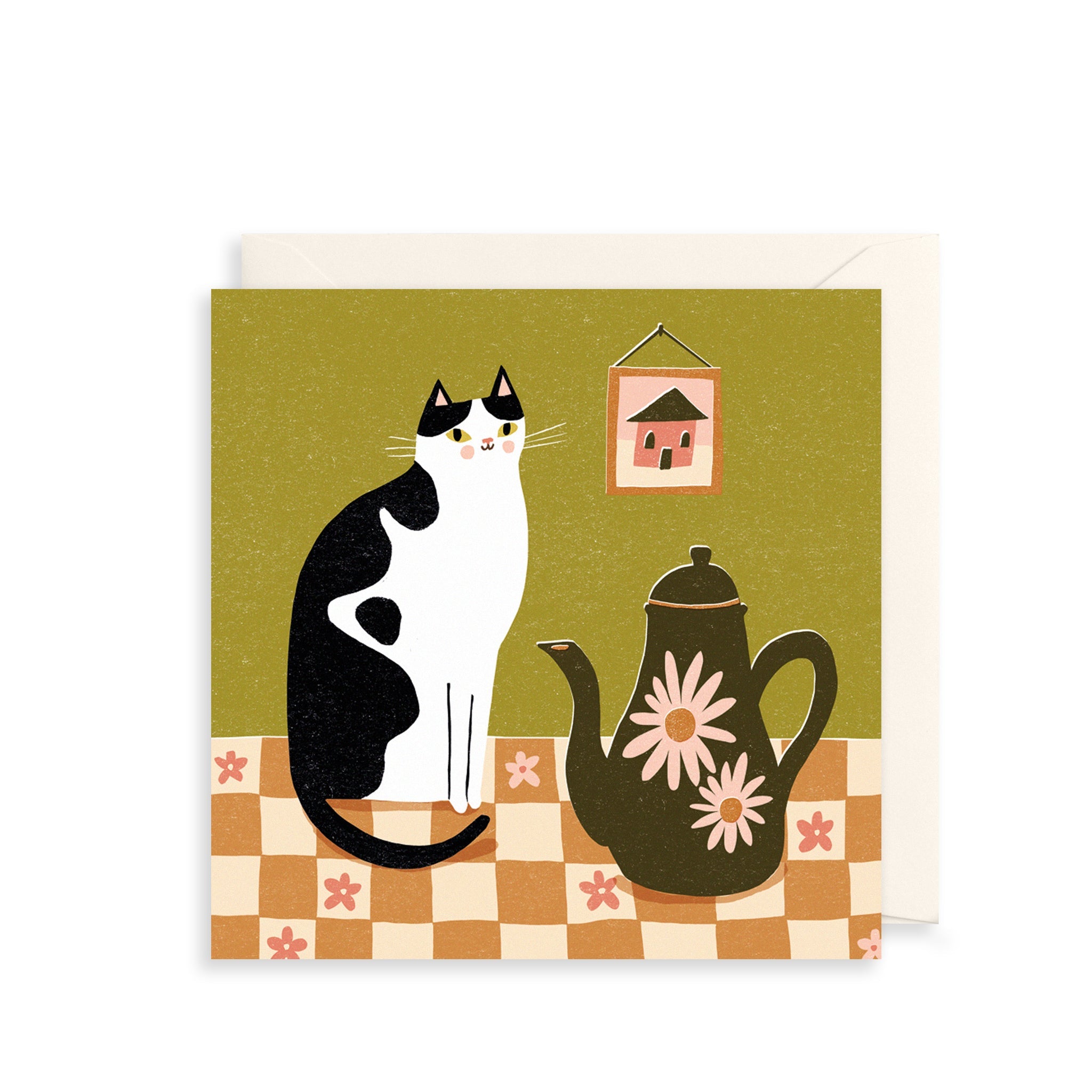 Cow Cat & Floral Teapot Everyday Card
