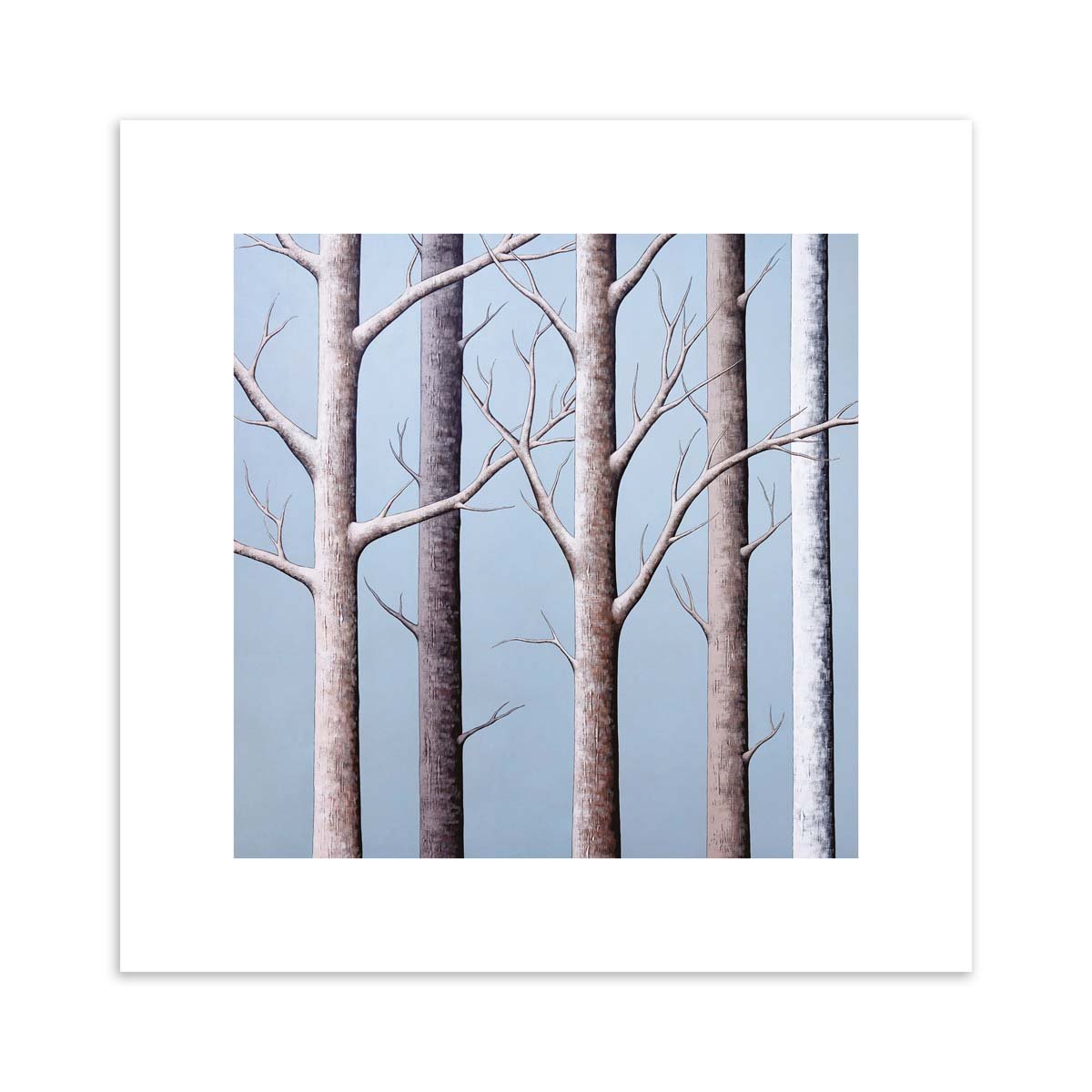Stunning nature art print featuring a wintery forest, against a brilliant blue sky.