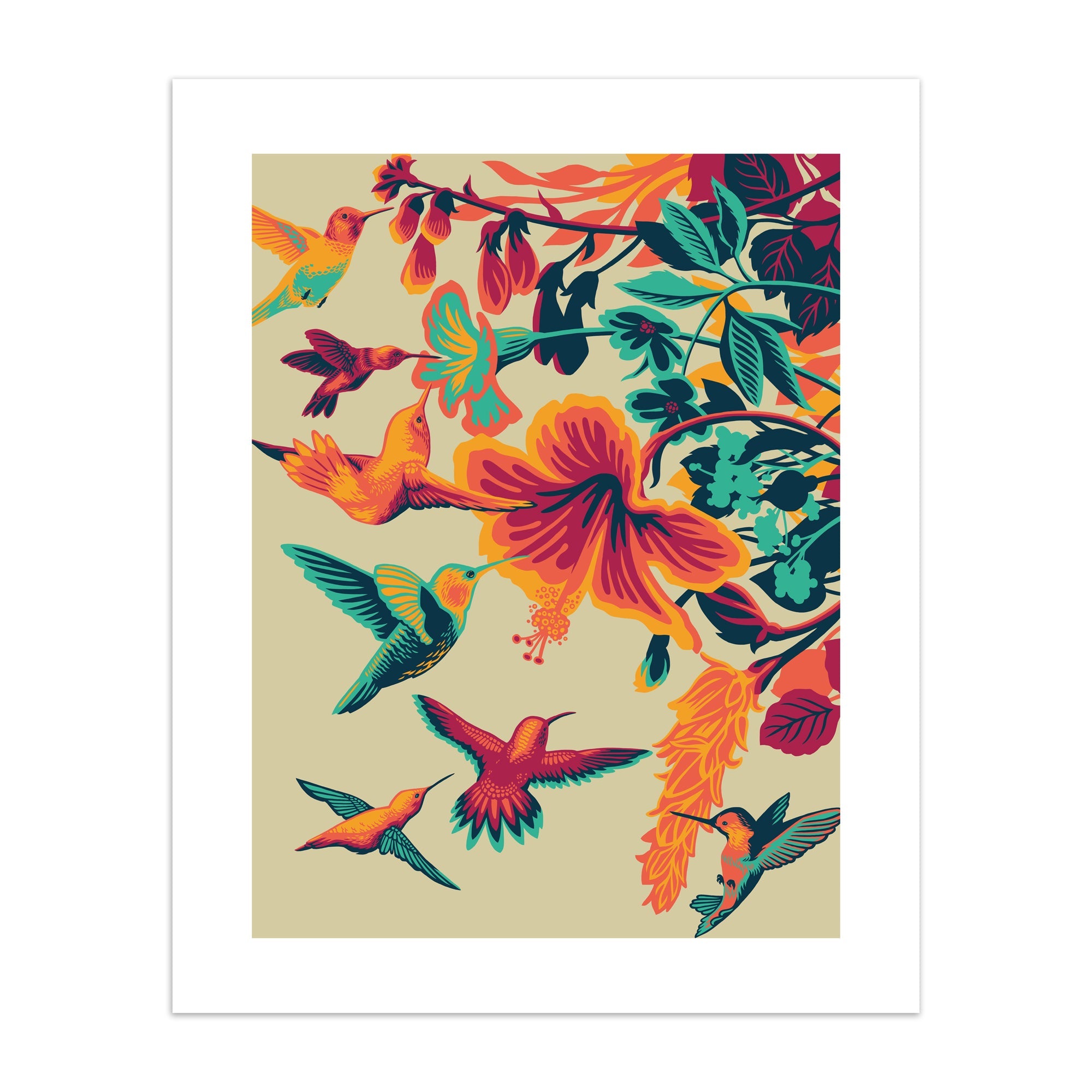 Striking art print featuring brightly coloured hummingbirds hovering above vibrant flowers.