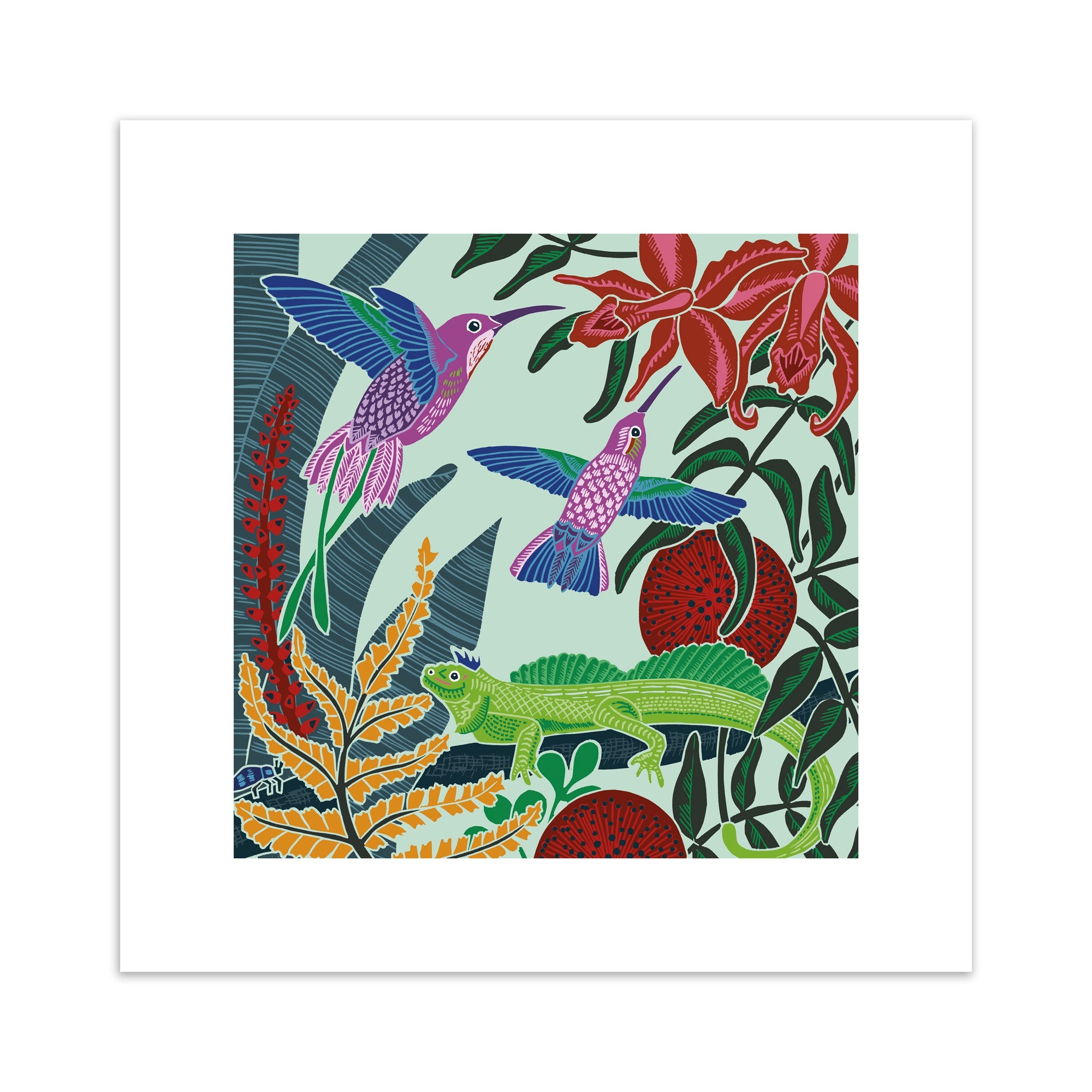An art print featuring hummingbirds and an iguana in a forest.