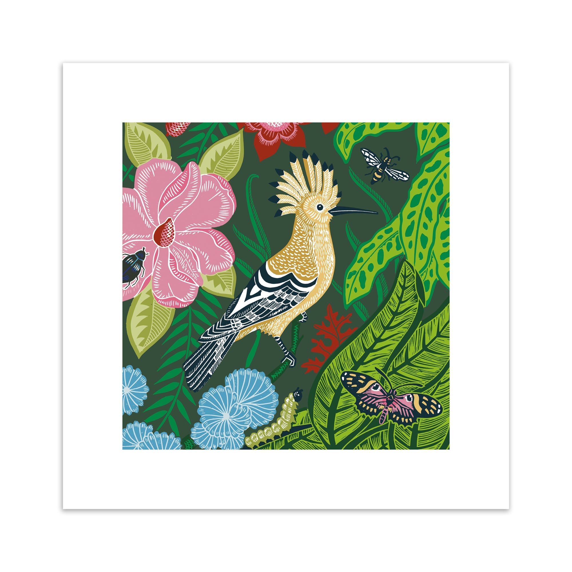 An art print featuring a hoopoe bird surrounded by botanicals.