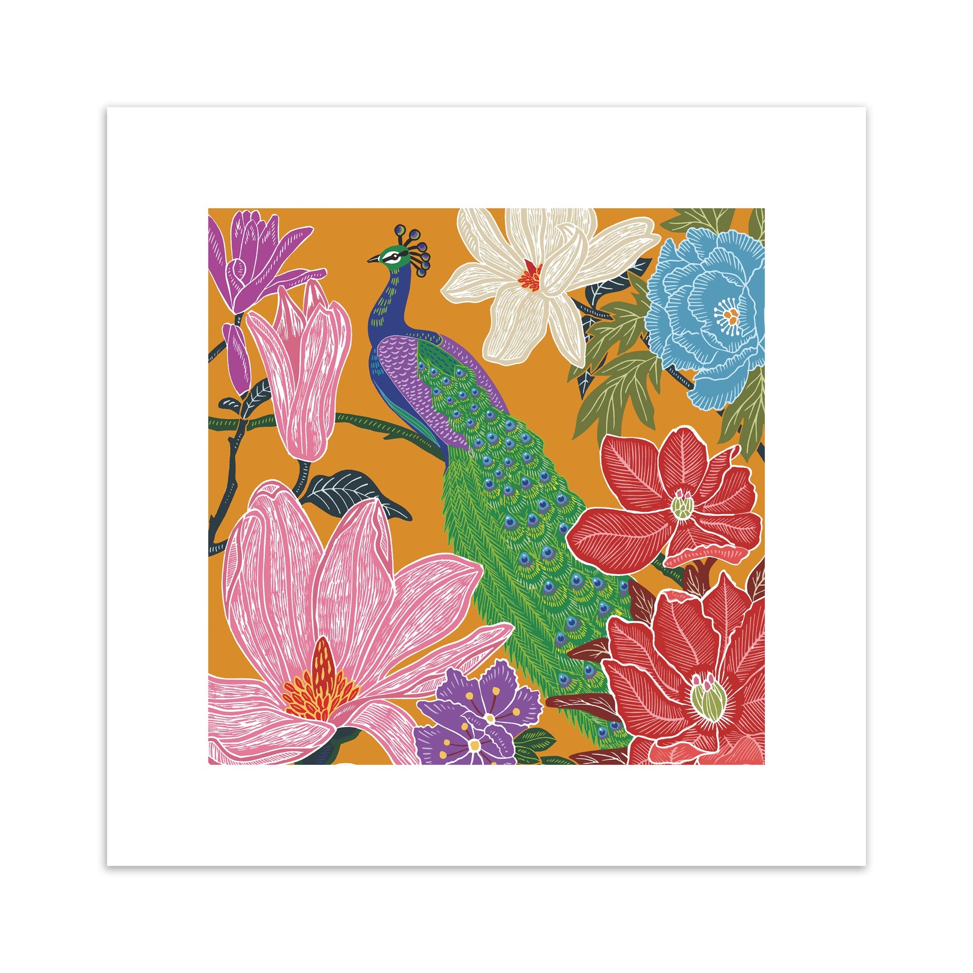 An art print featuring a peacock surrounded by botanicals, with an orange background.