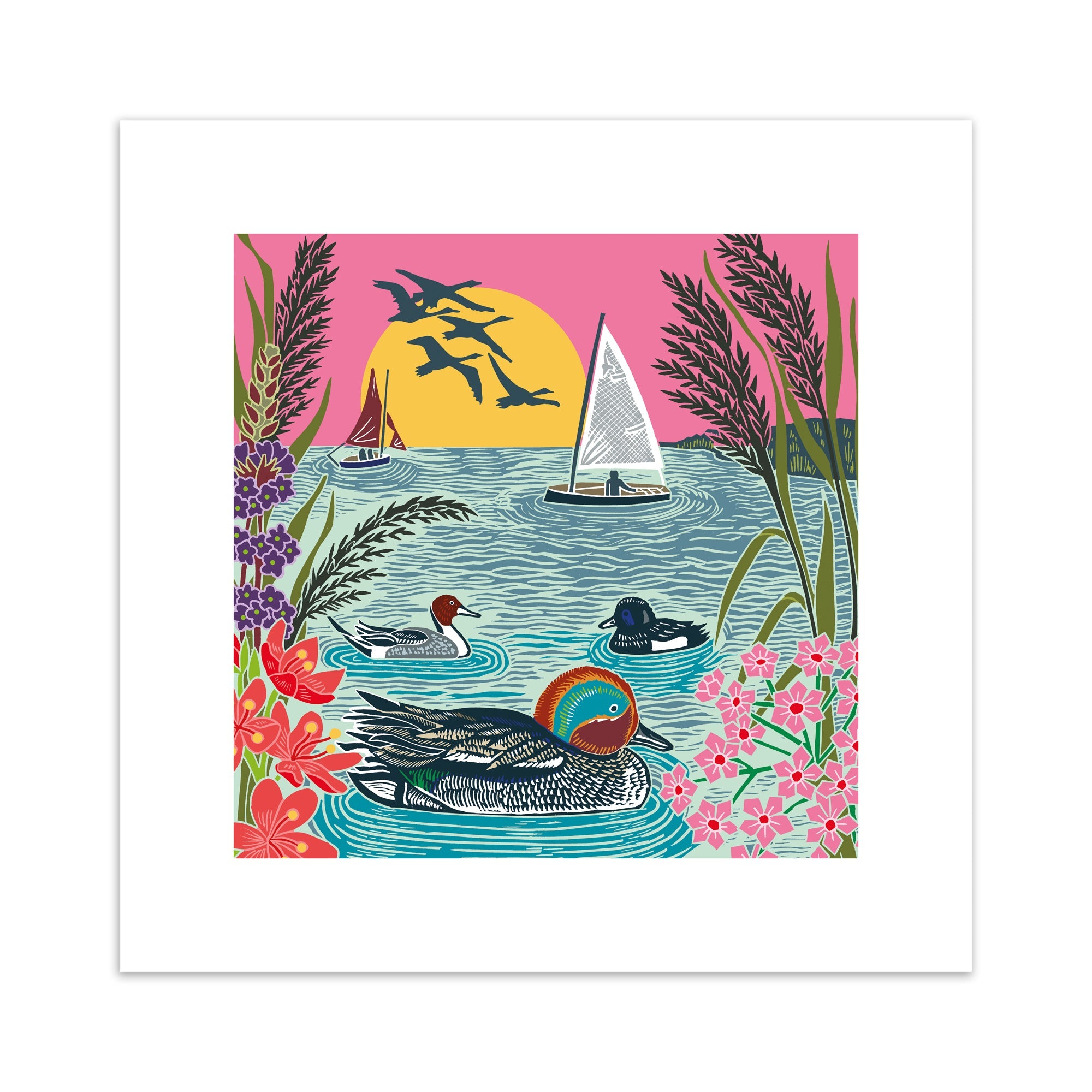 An art print featuring a sunset over a lake filled with ducks. Two sailboats float in the distance and birds fly overhead.