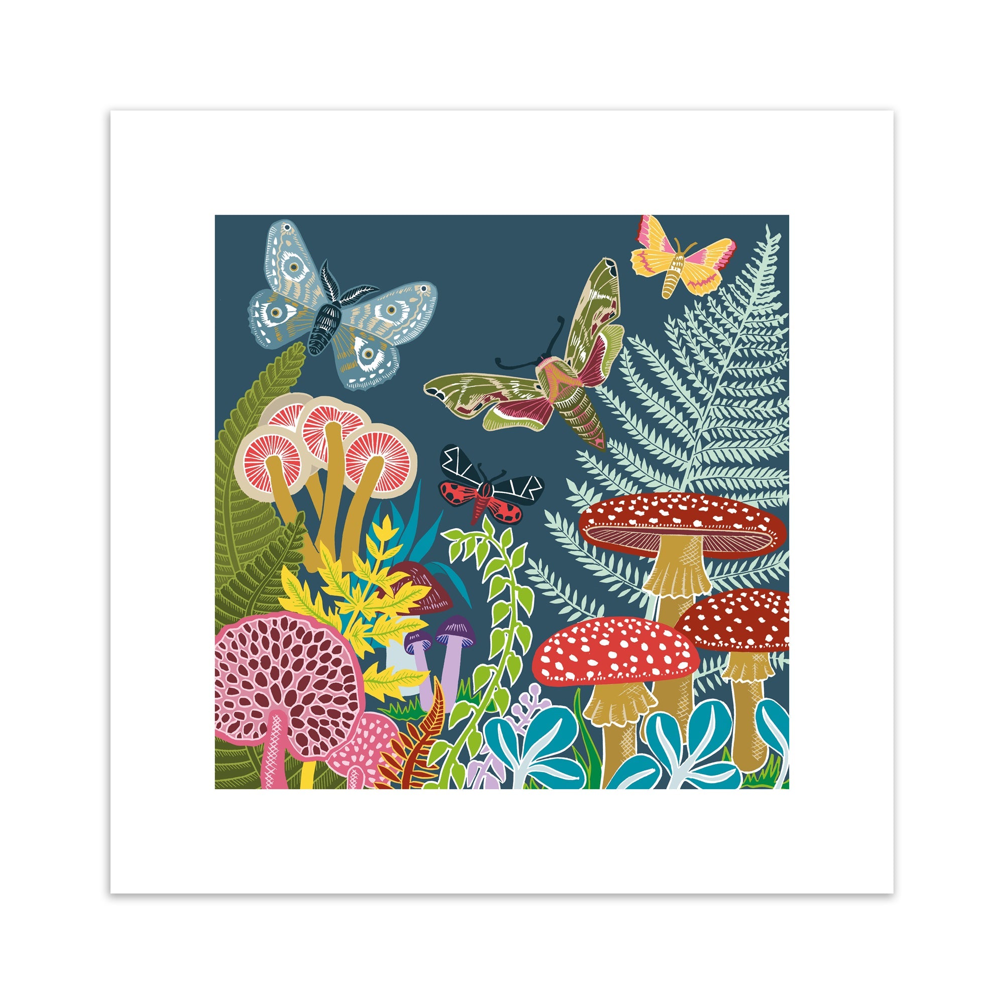 An art print featuring mushrooms and butterflies amongst botanicals, on a blue background.