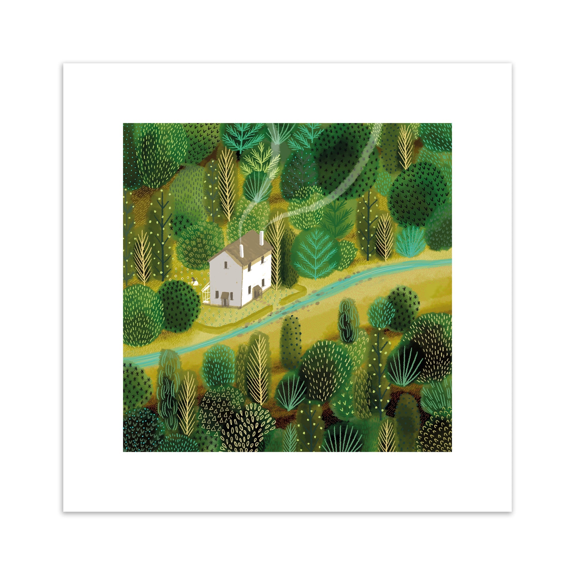 An art print of a green landscape with a house in a forest.