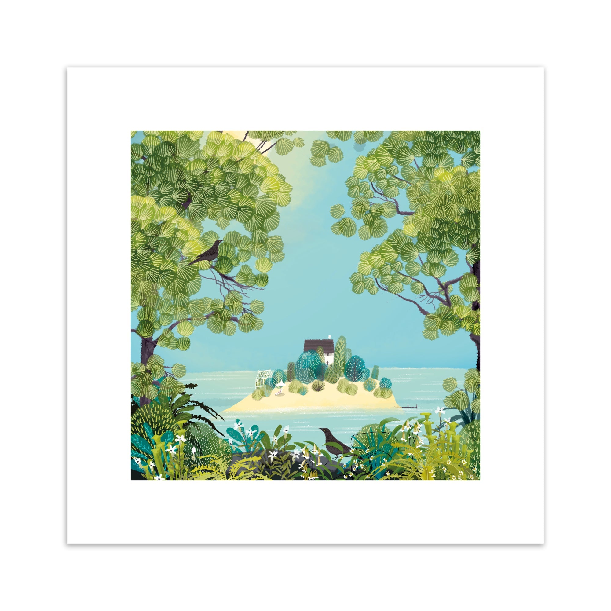 An art print of a scenic landscape with trees and a house on an island.