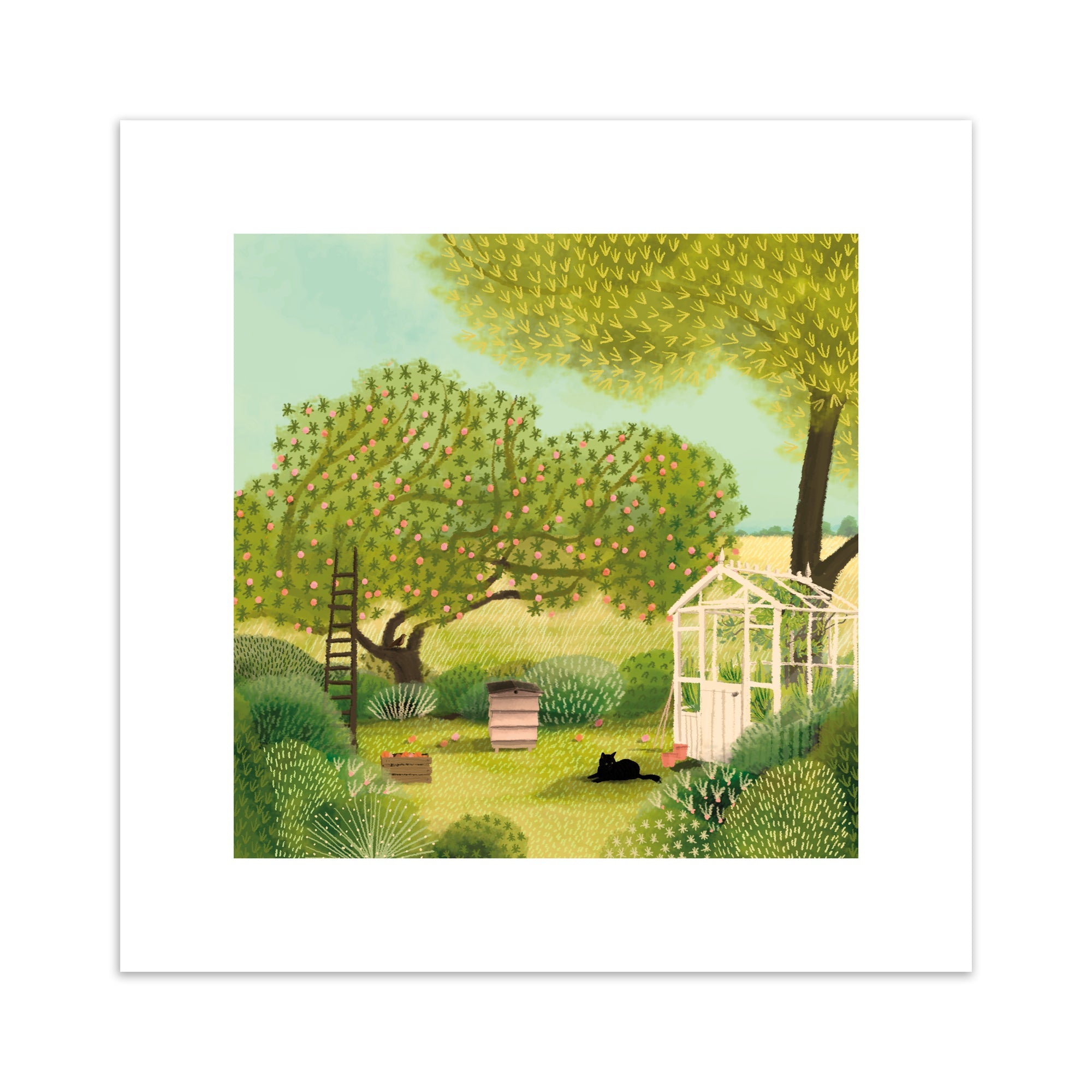 An art print of a summer garden scene with trees and a greenhouse and a black cat.
