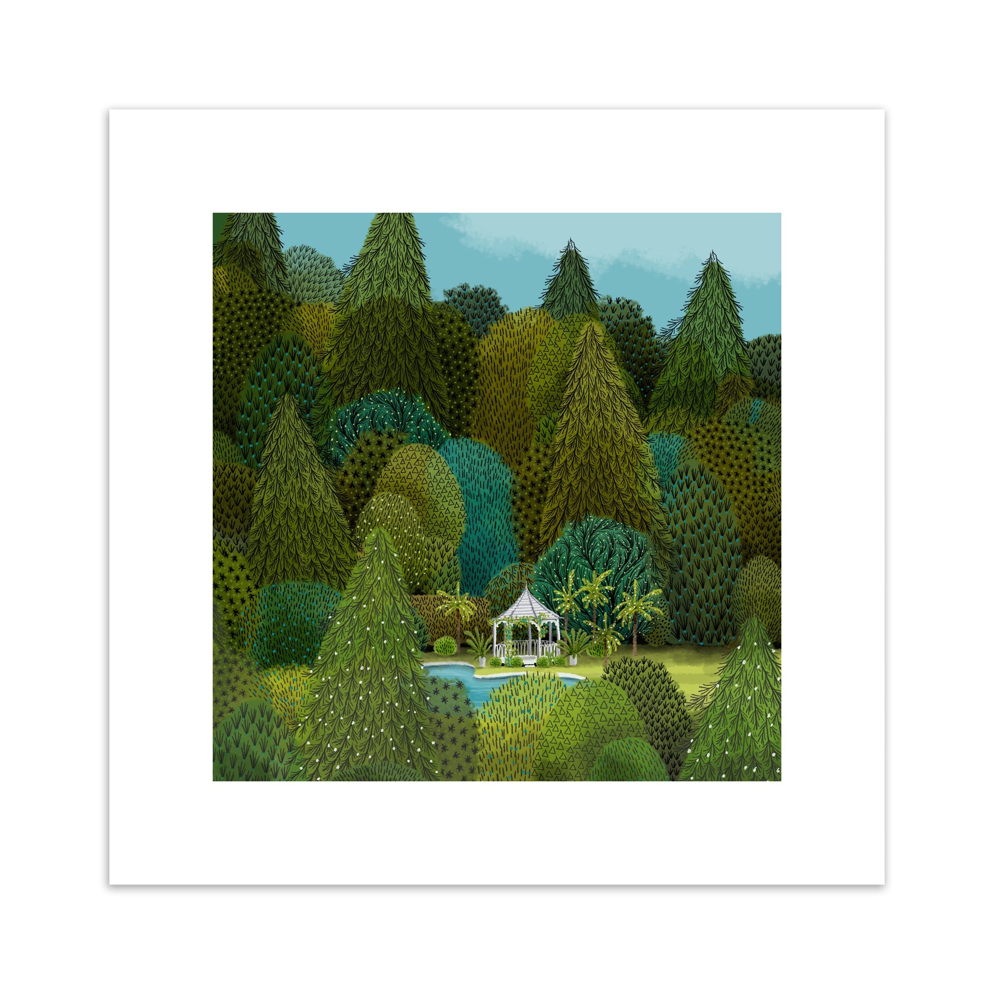 An art print of a forest scene, with a pool and gazebo in a field.
