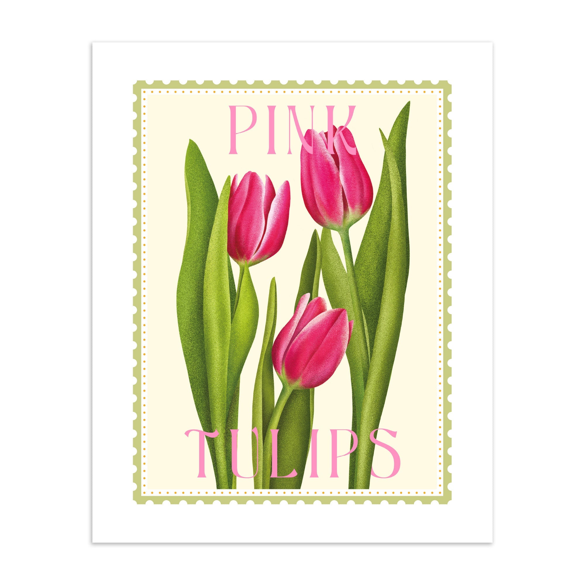 Art print of pink tulips that reads 'Pink Tulips' on a cream background.