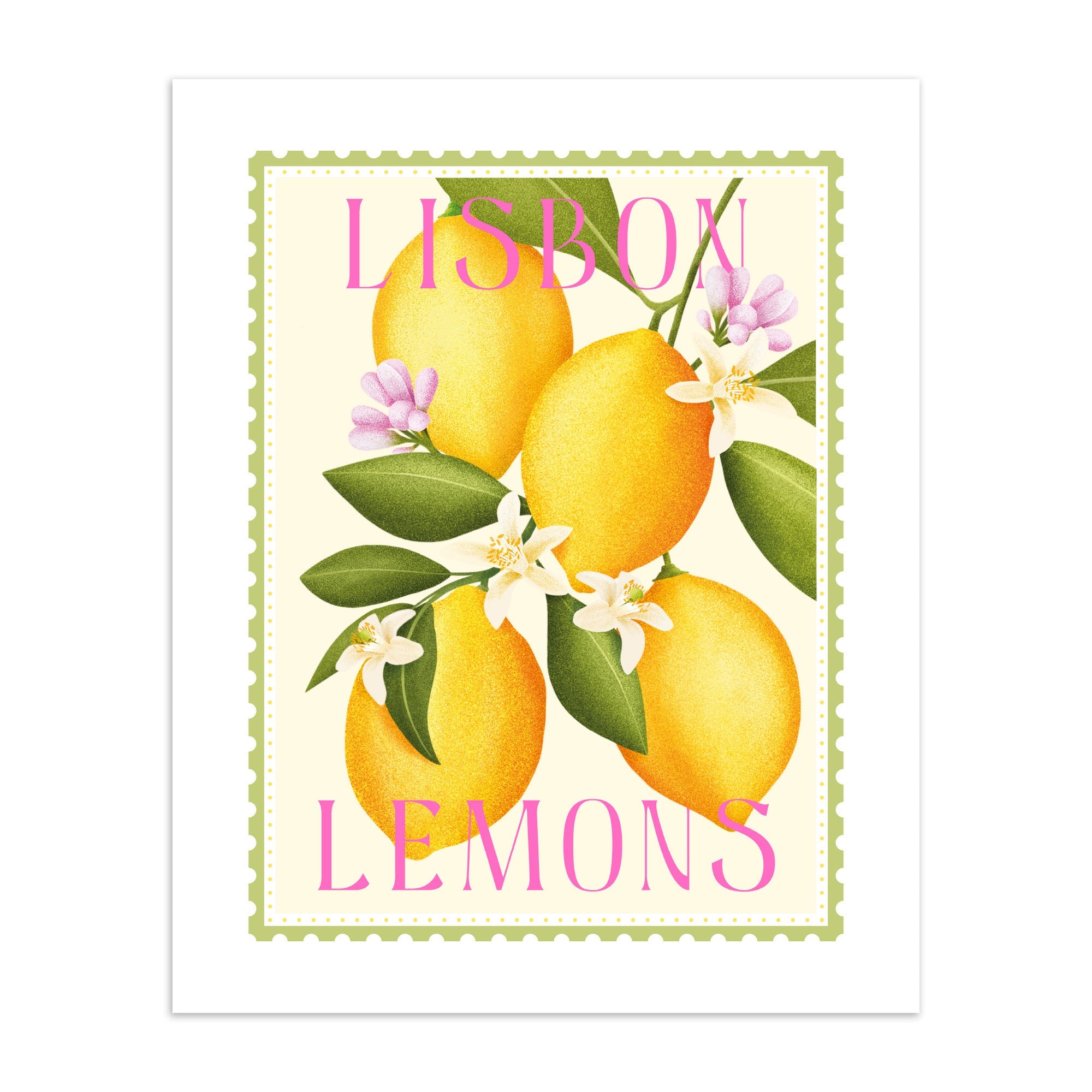 Art print of lemons with 'Lisbon lemons' written on a cream background.