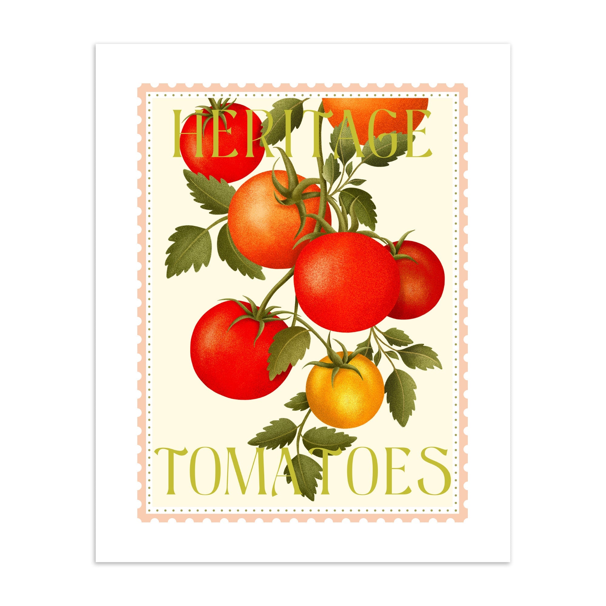 Art print featuring tomatoes, with writing 'heritage tomatoes' on a cream background.