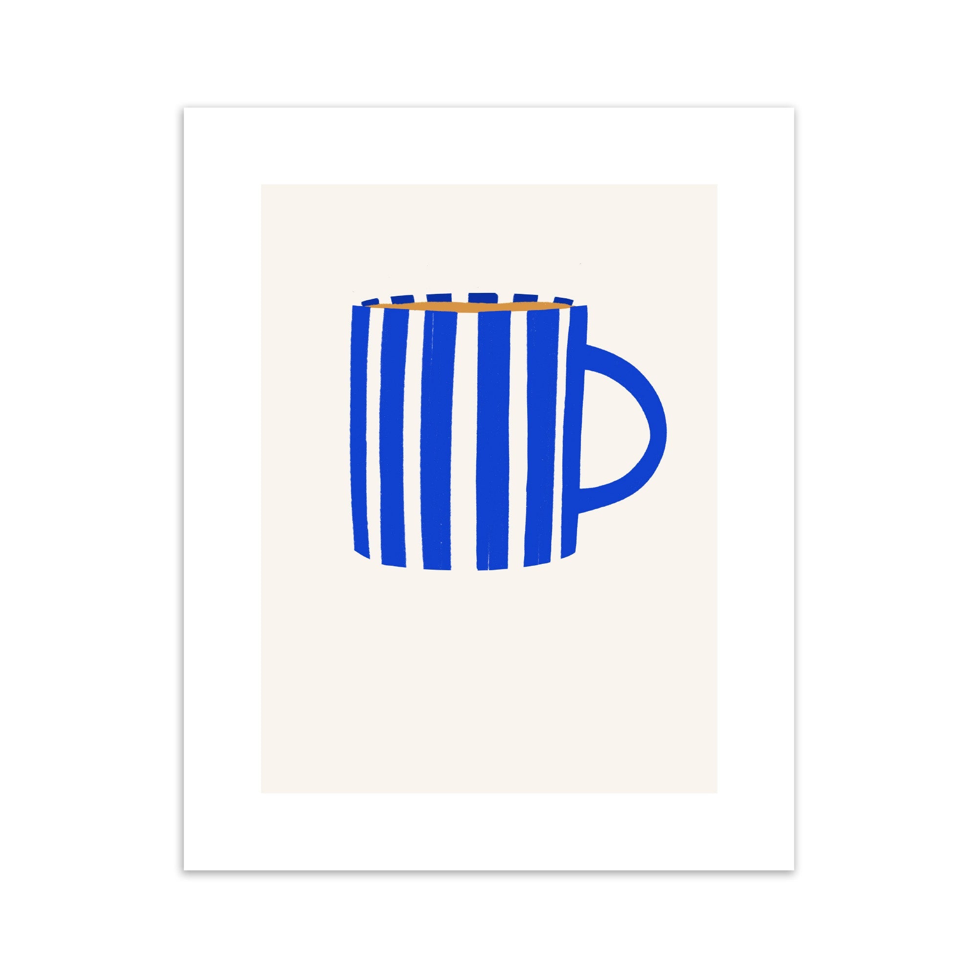 A print of a striped blue and white coffee mug.