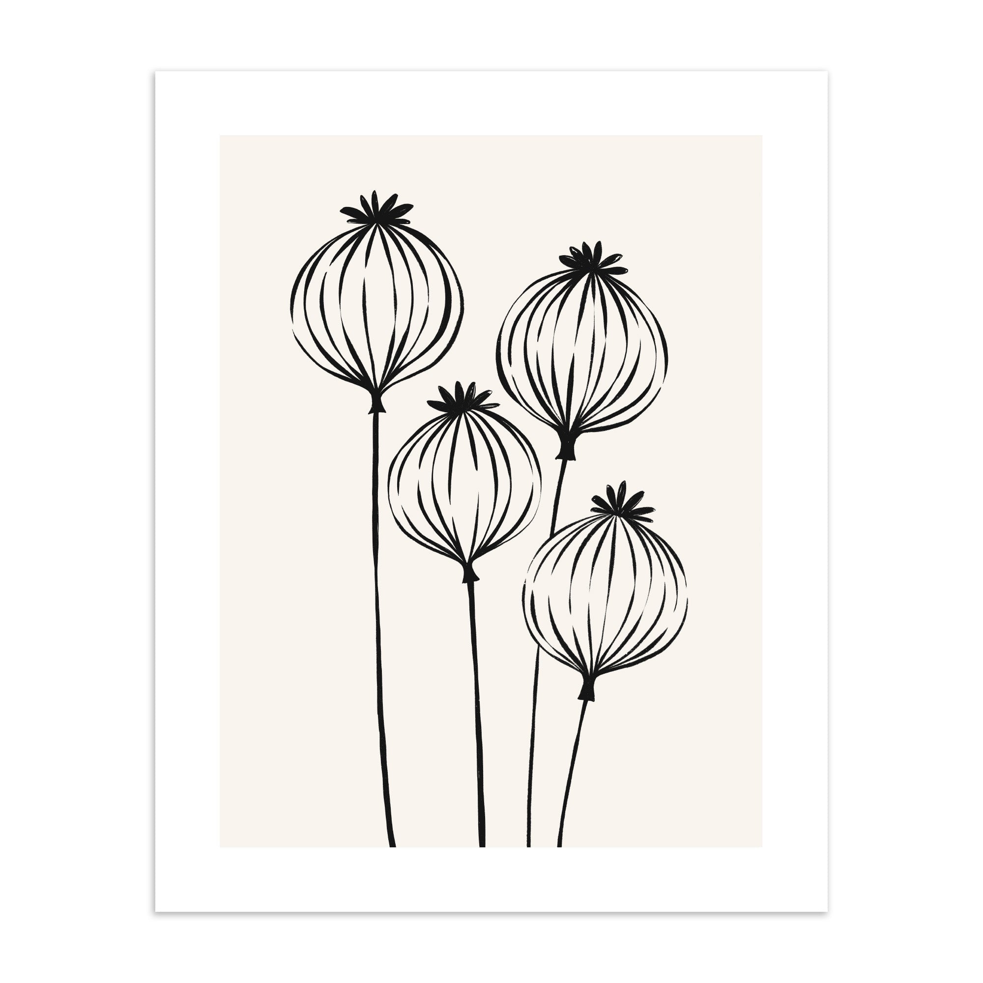 Art print of an outline of poppy seeds on a cream background.