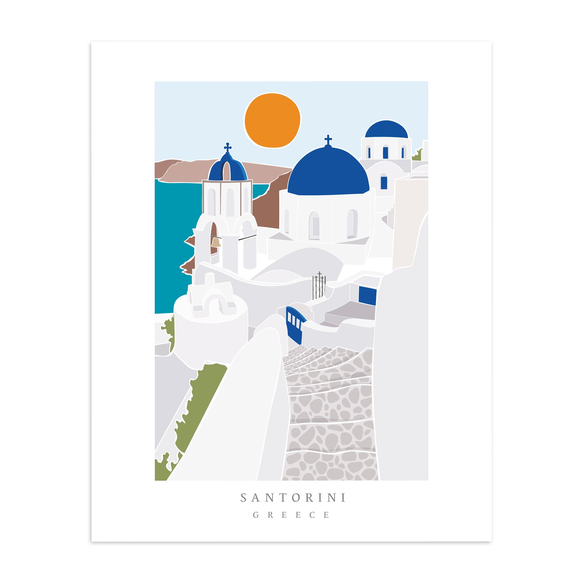 Art print featuring an illustration of Santorini. 'Santorini, Greece' is written below.
