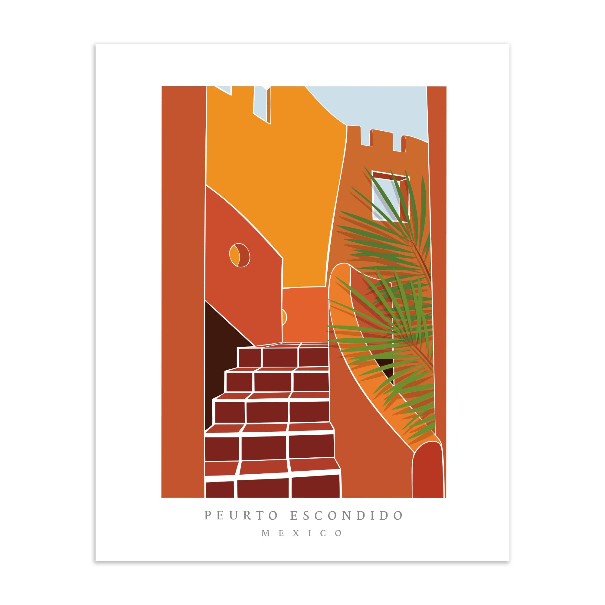 Art print of a Mexican city, with the words 'Puerto Escondido' written below.