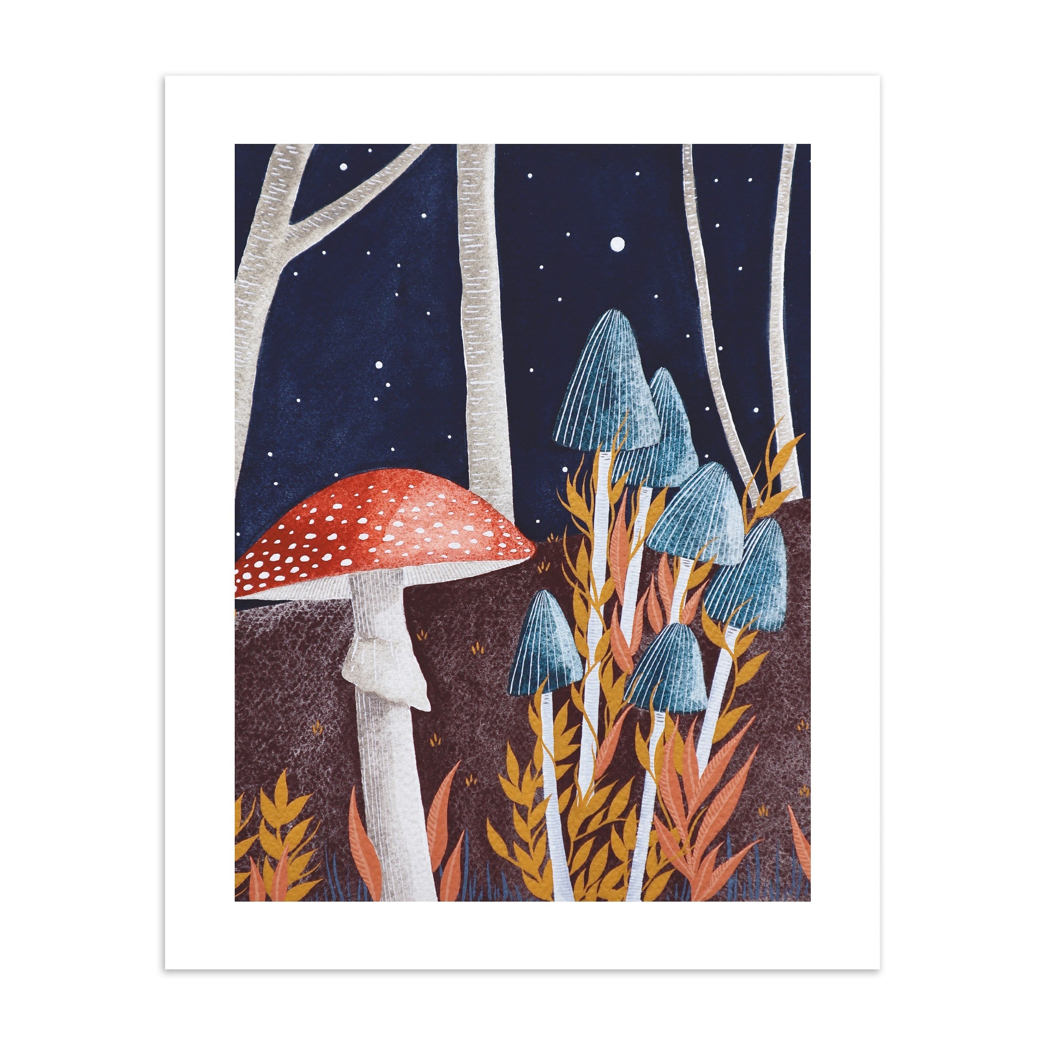Art print featuring mushrooms blooming under an autumn evening sky.