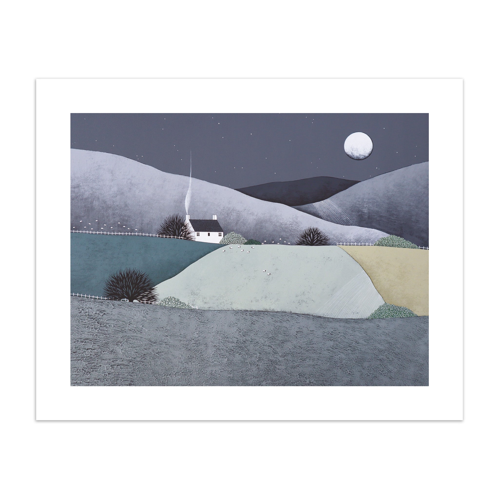 Art print of a white house nestled in countryside fields.