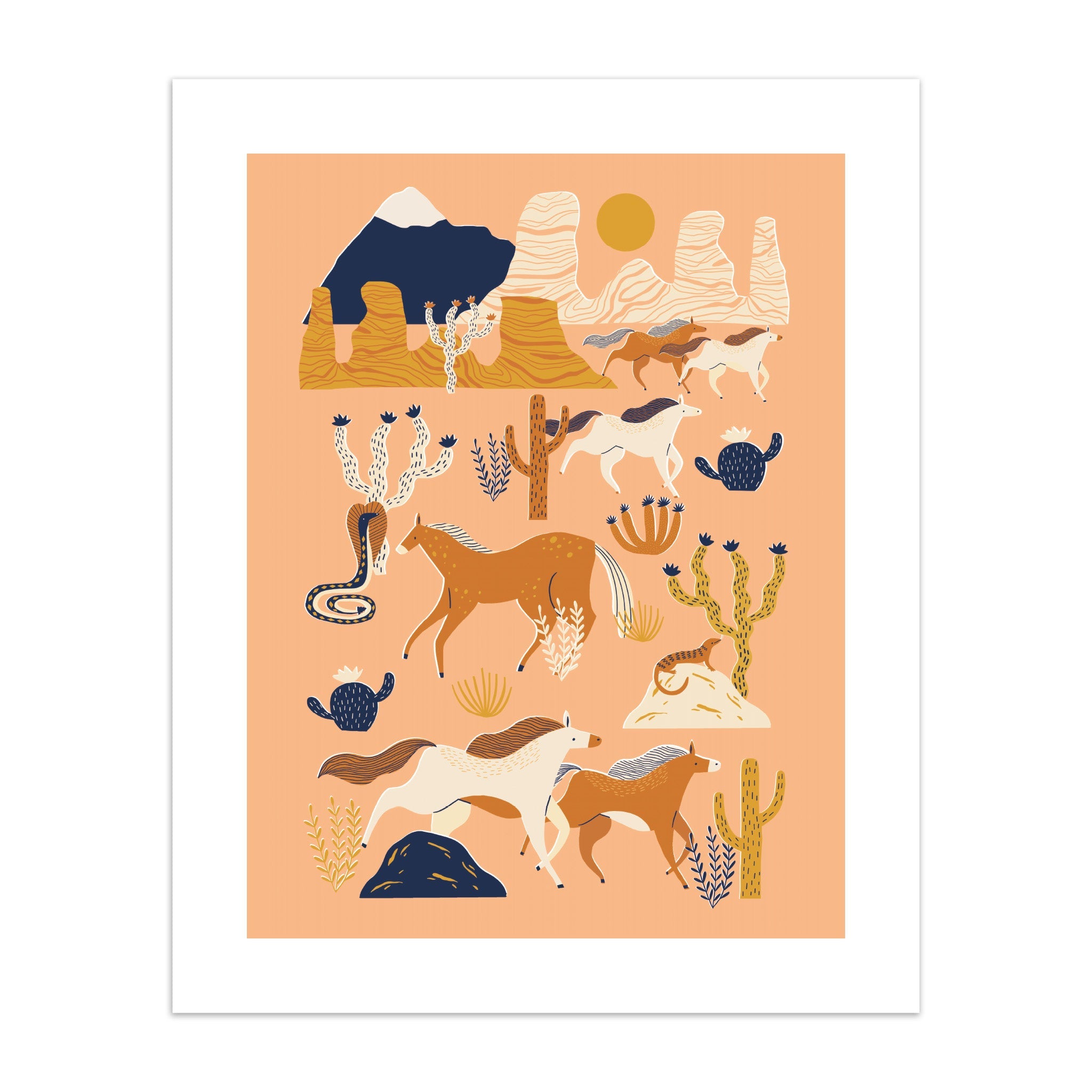 A western-themed art print featuring wild horses in a desert with mountains and cacti.