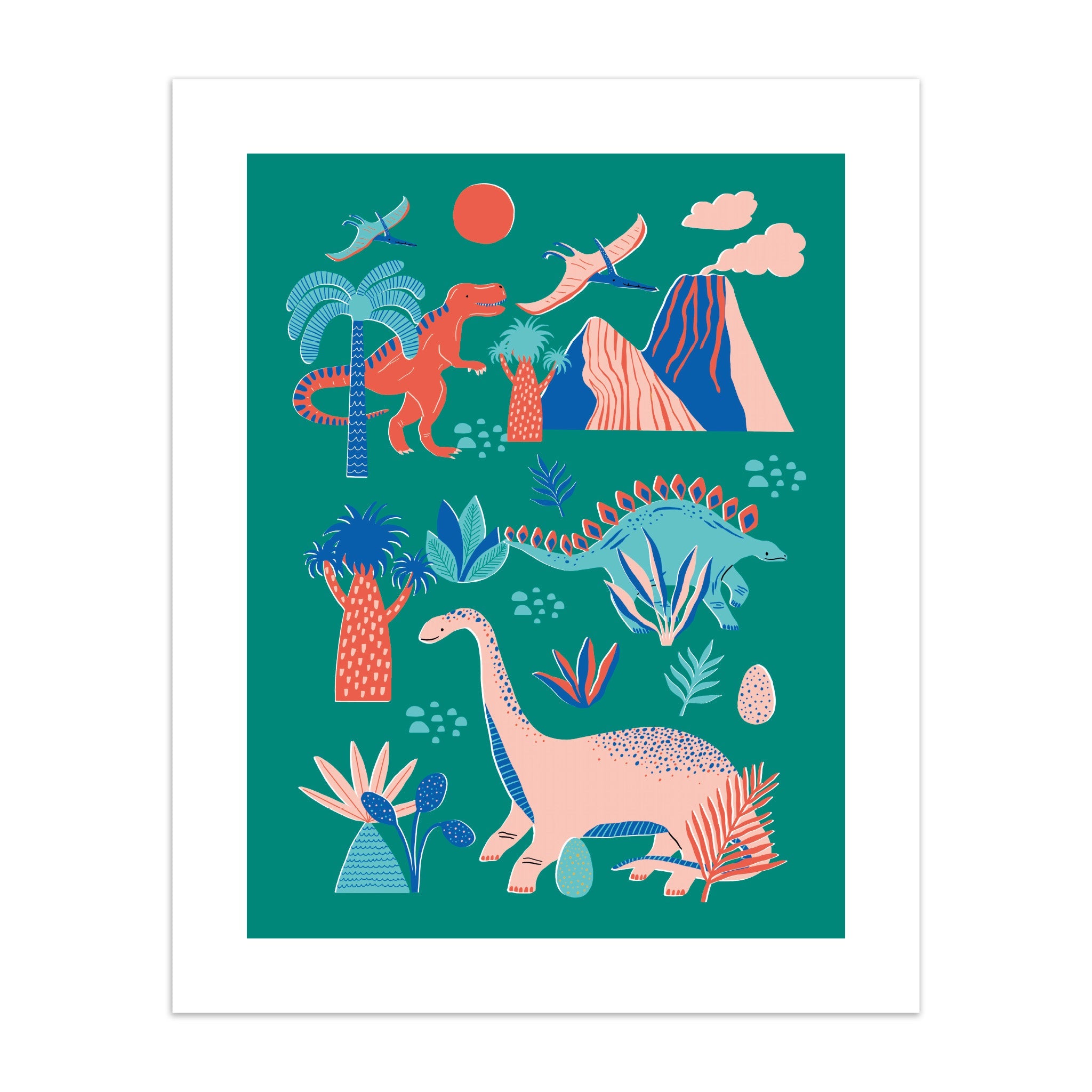 A bold art print featuring a prehistoric scene filled with dinosaurs and flora on a green background.