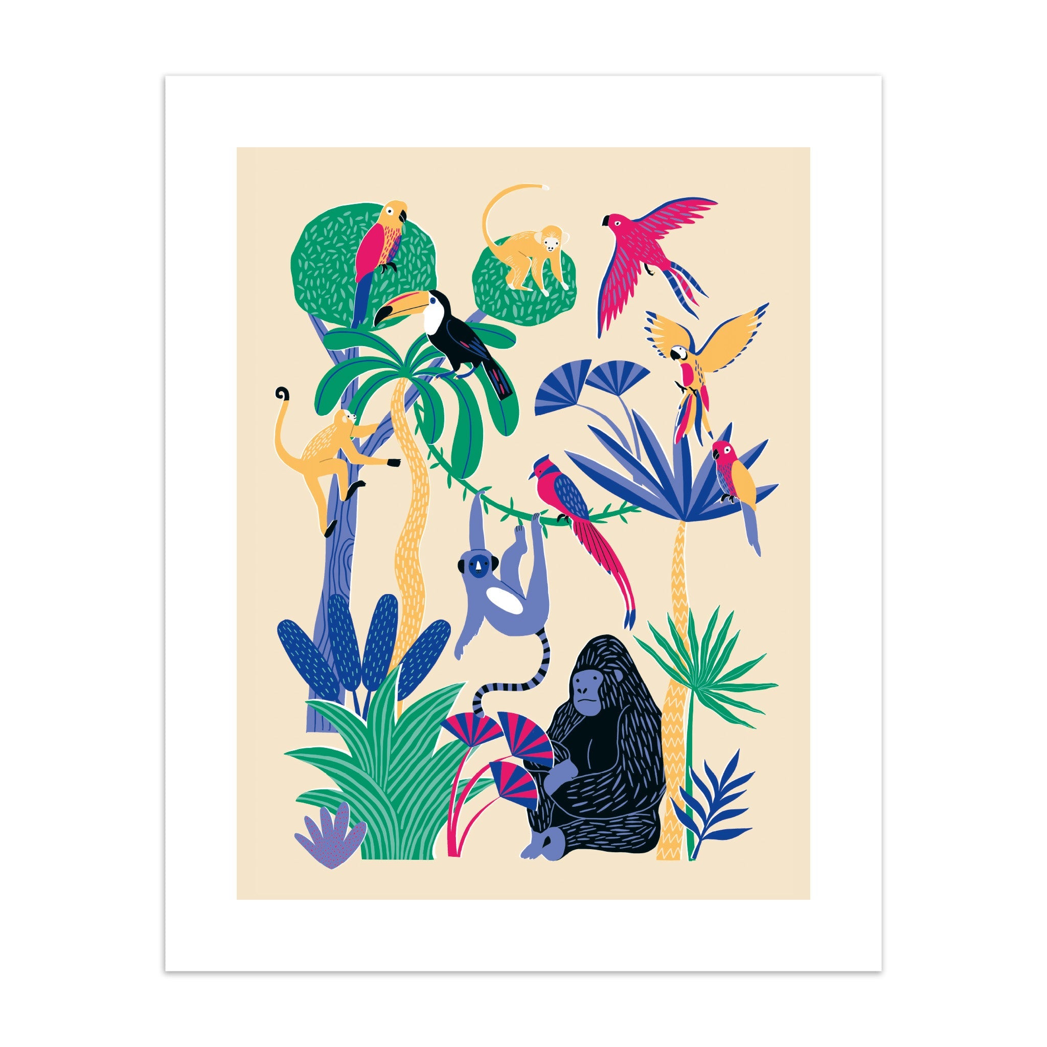 Adorable art print featuring a jungle scene filled with exotic animals, on a cream background.