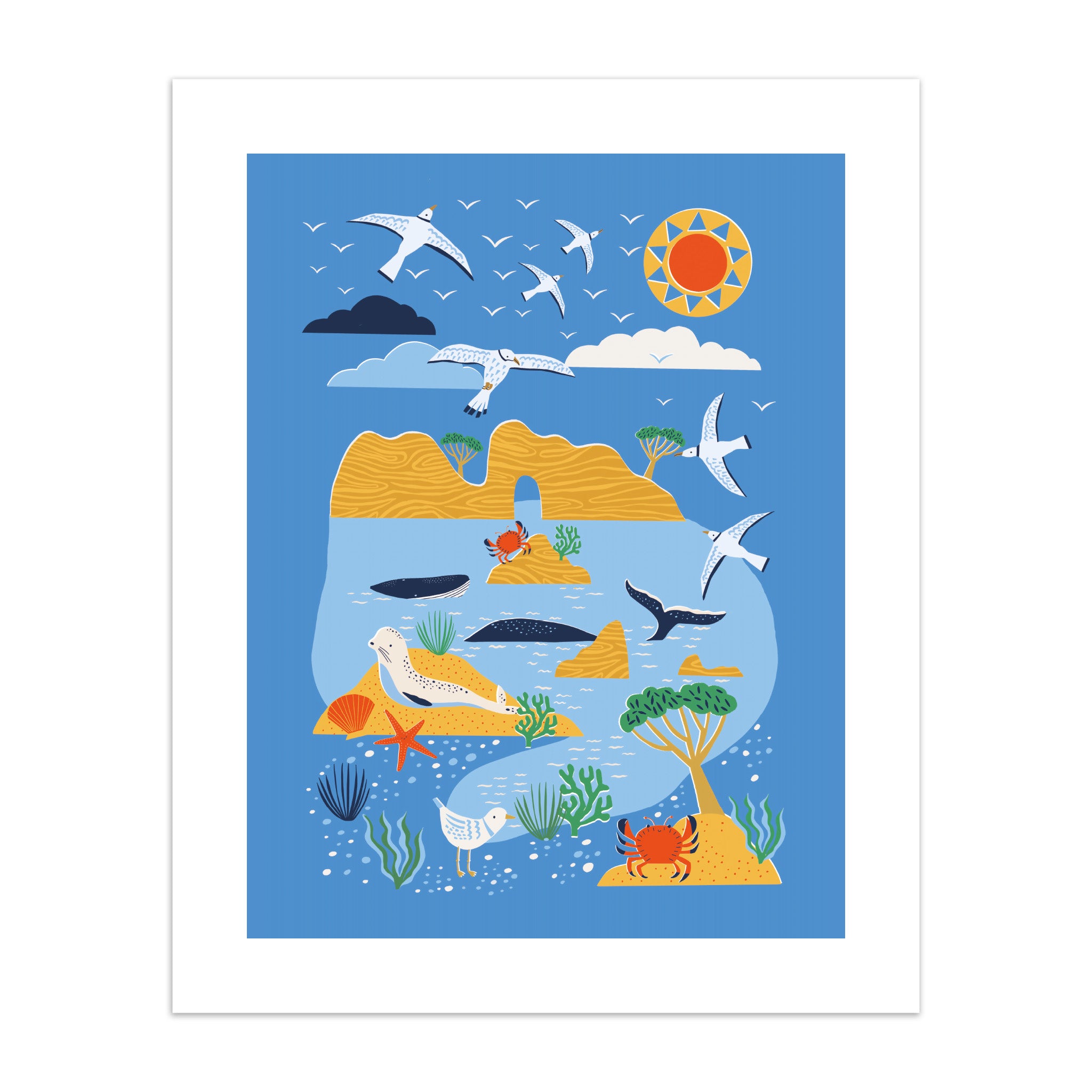Bright art print featuring a seaside scene filled with seagulls an seals on a blue background.