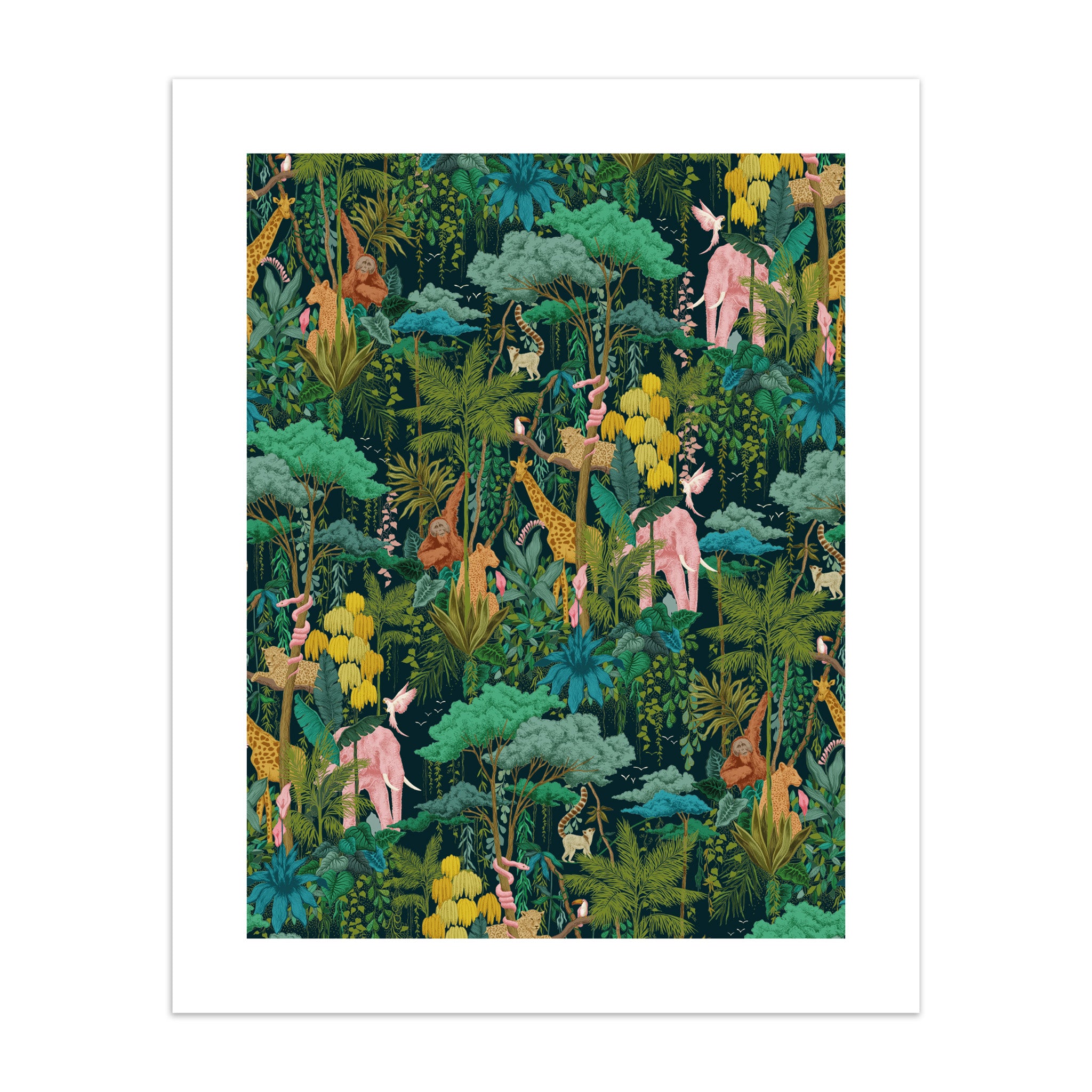 Illustration art print of a colourful jungle scene with various animals and plants.