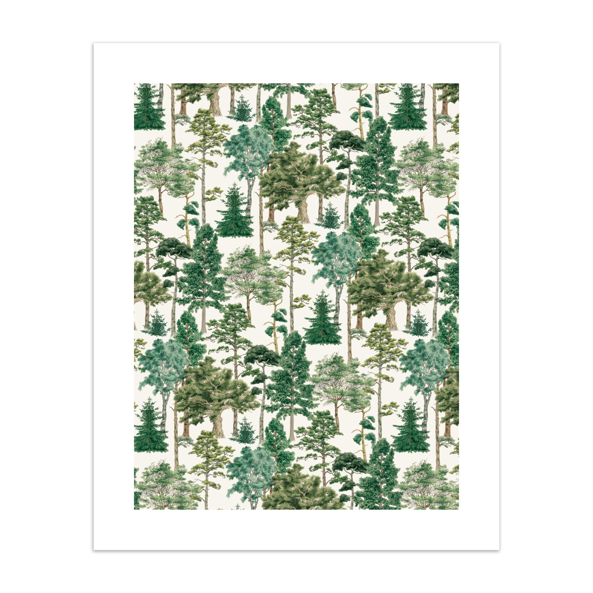 Art print of patterned green trees on a white background.