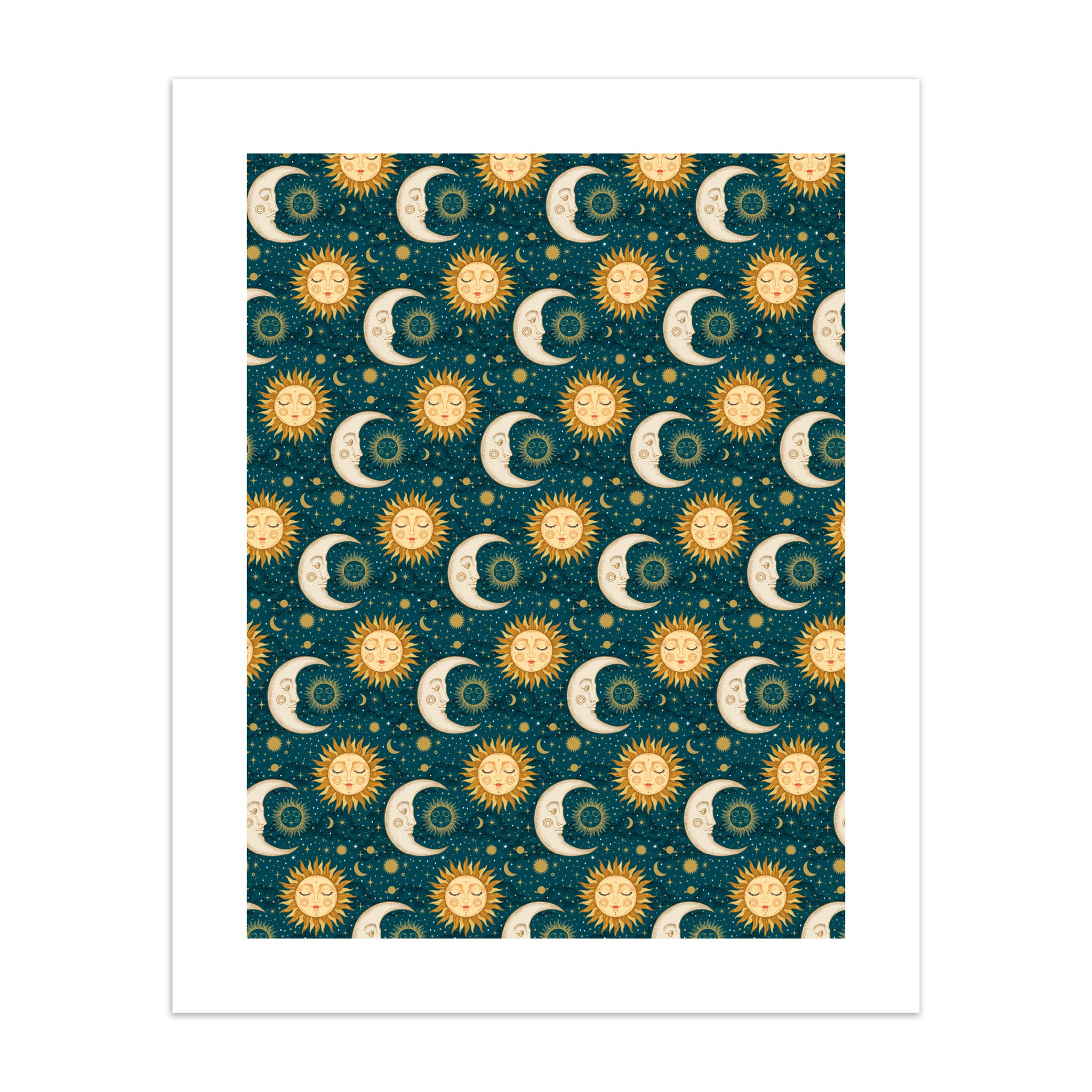 Art print of a pattern of suns and moons on a teal background.