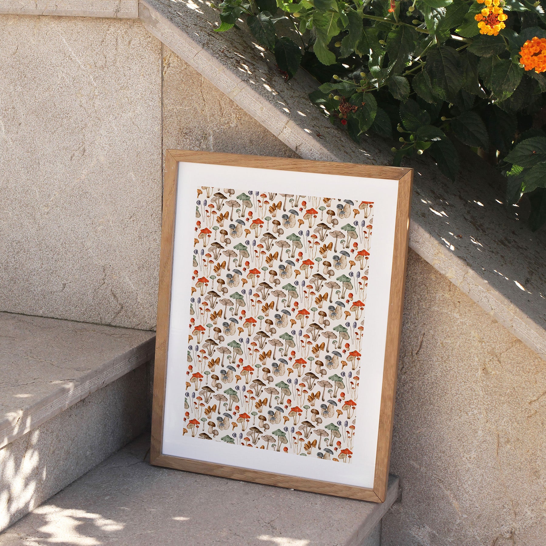 Framed print of colourful mushrooms on a white background, resting on outdoor steps.