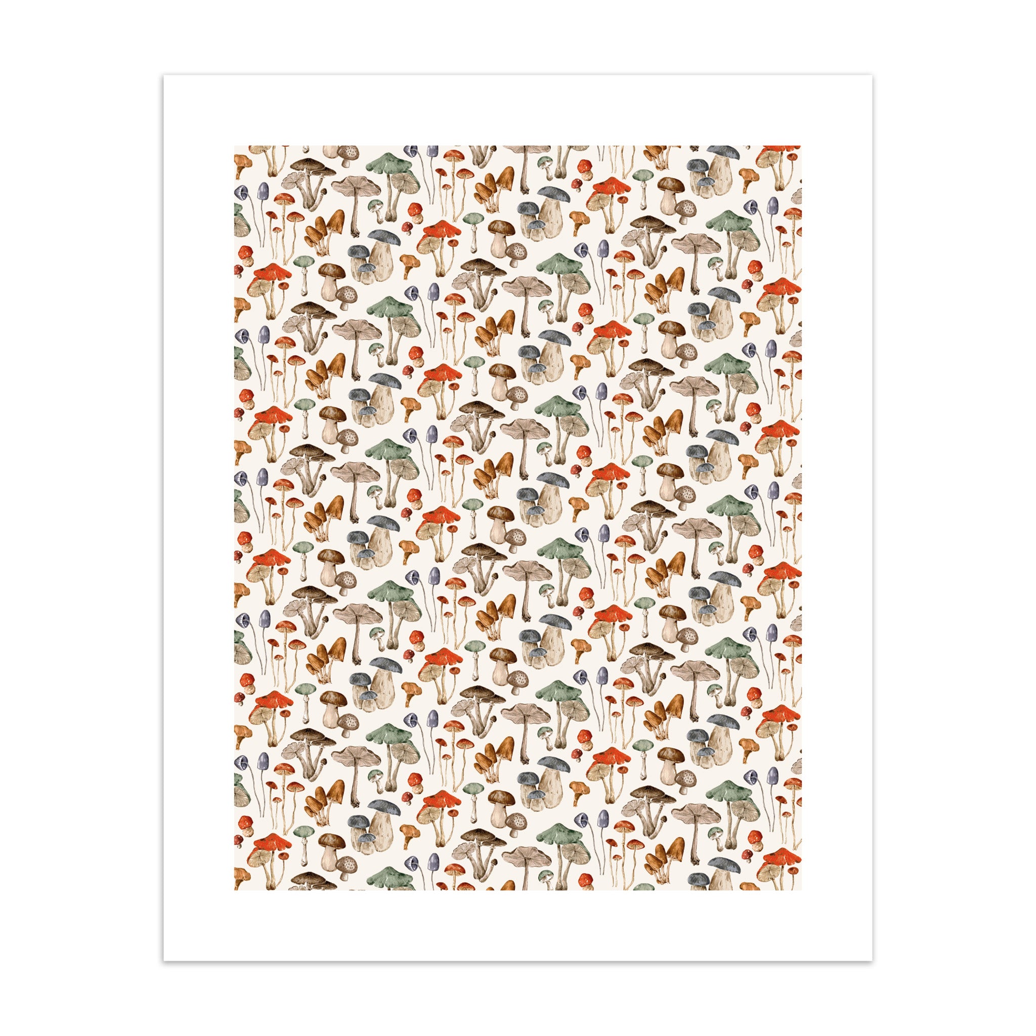 Pattern of print of colourful mushrooms on a white background.