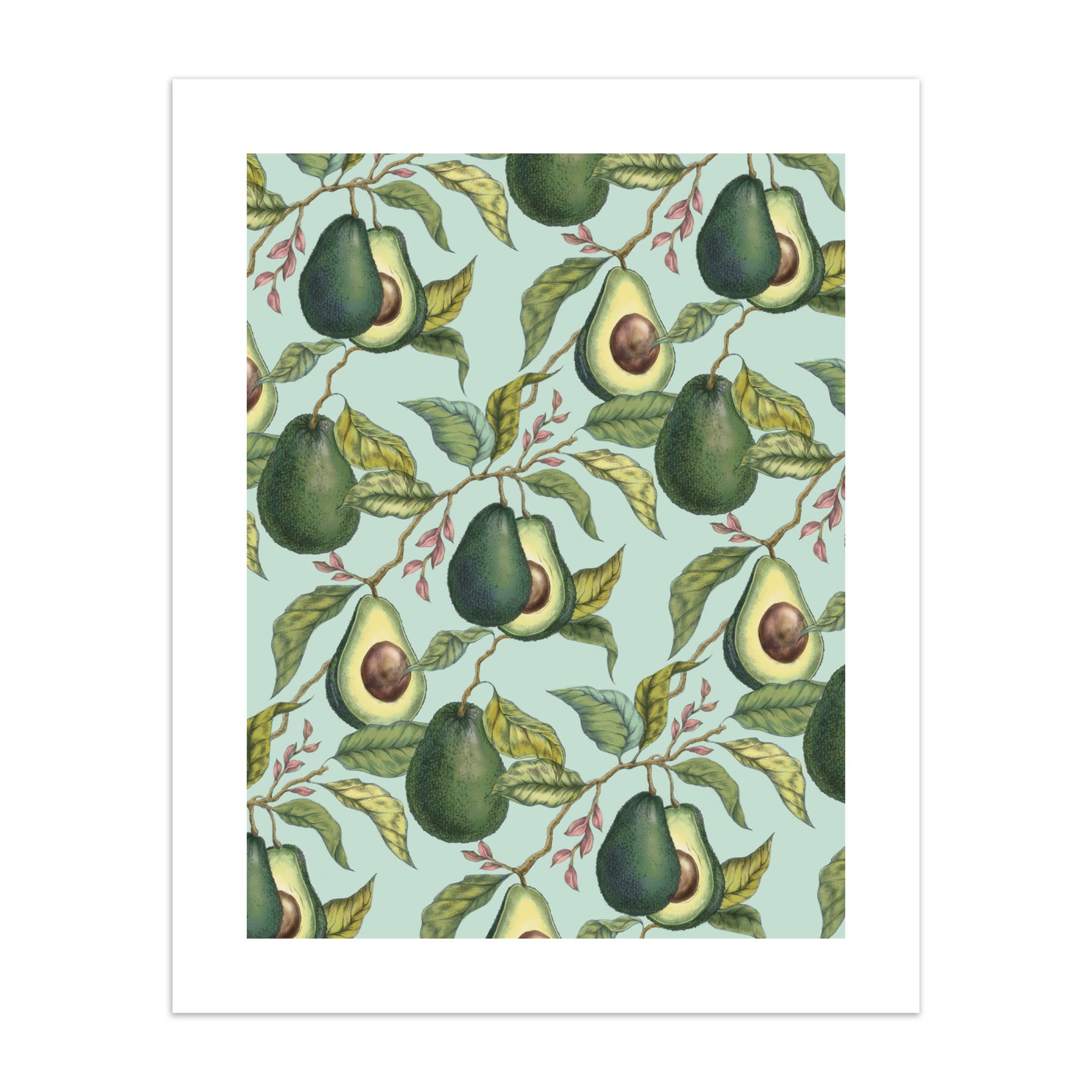 Patterned art print of green avocados and leaves on a light blue background.