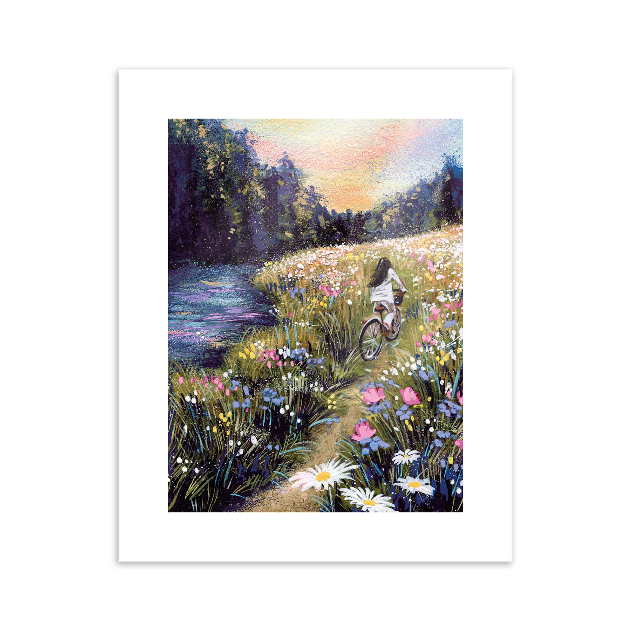 A print of a woman riding a bike through a Summer forest.